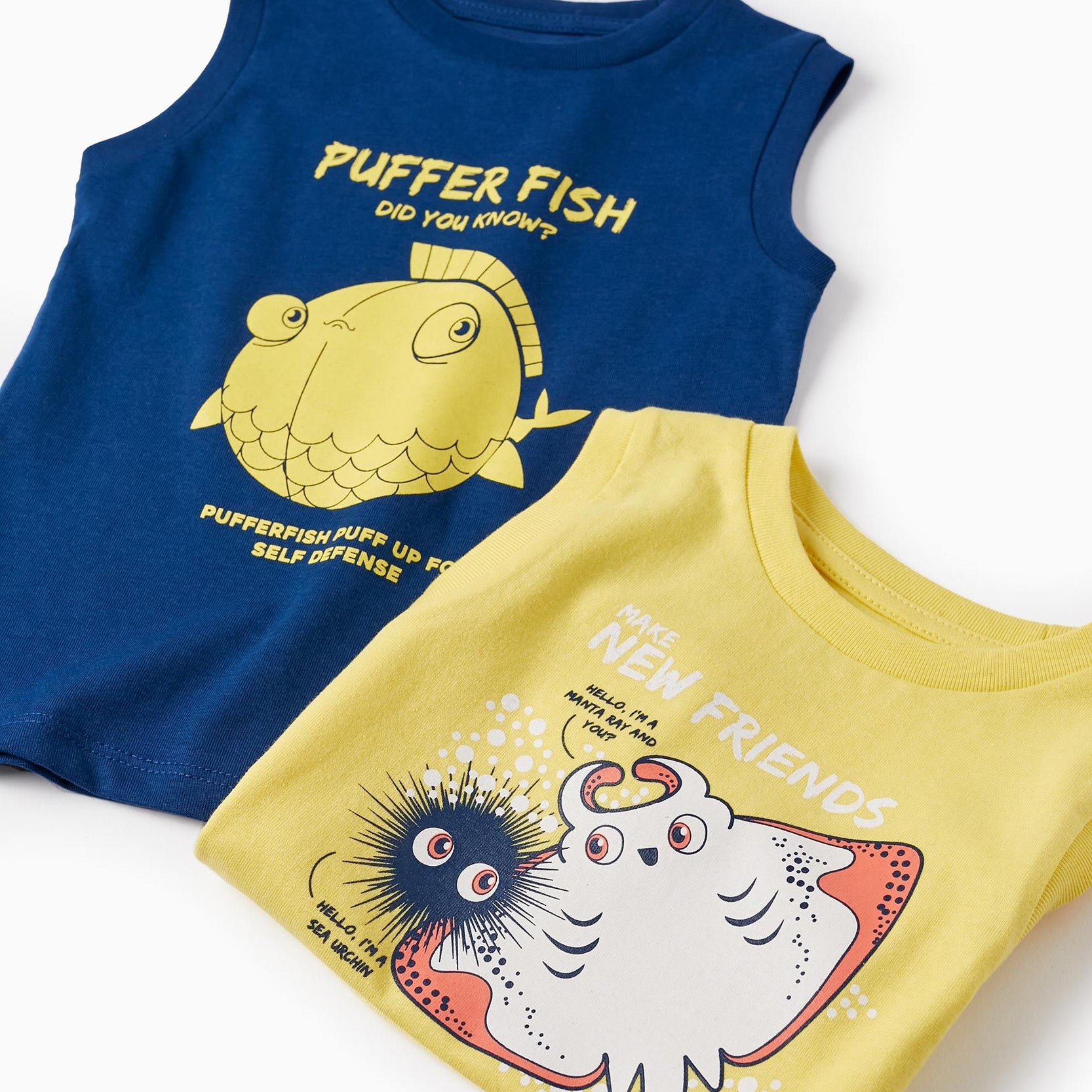 2 Vest Tops for Baby Boys 'Balloon Fish', Yellow/Blue