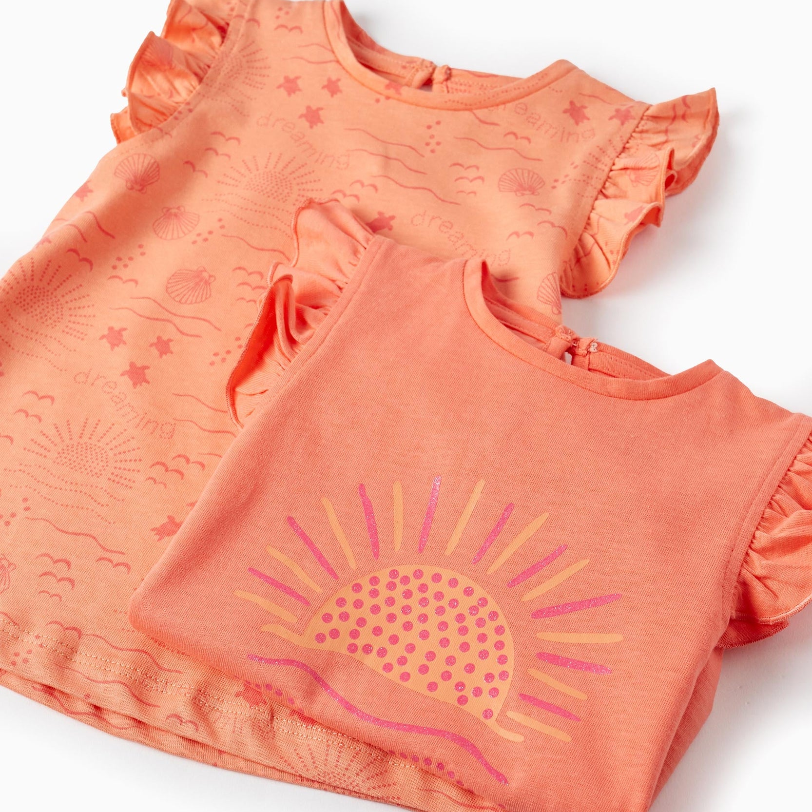 Pack of 2 Cotton Sleeveless T-shirts for Baby Girls 'Sun', Coral