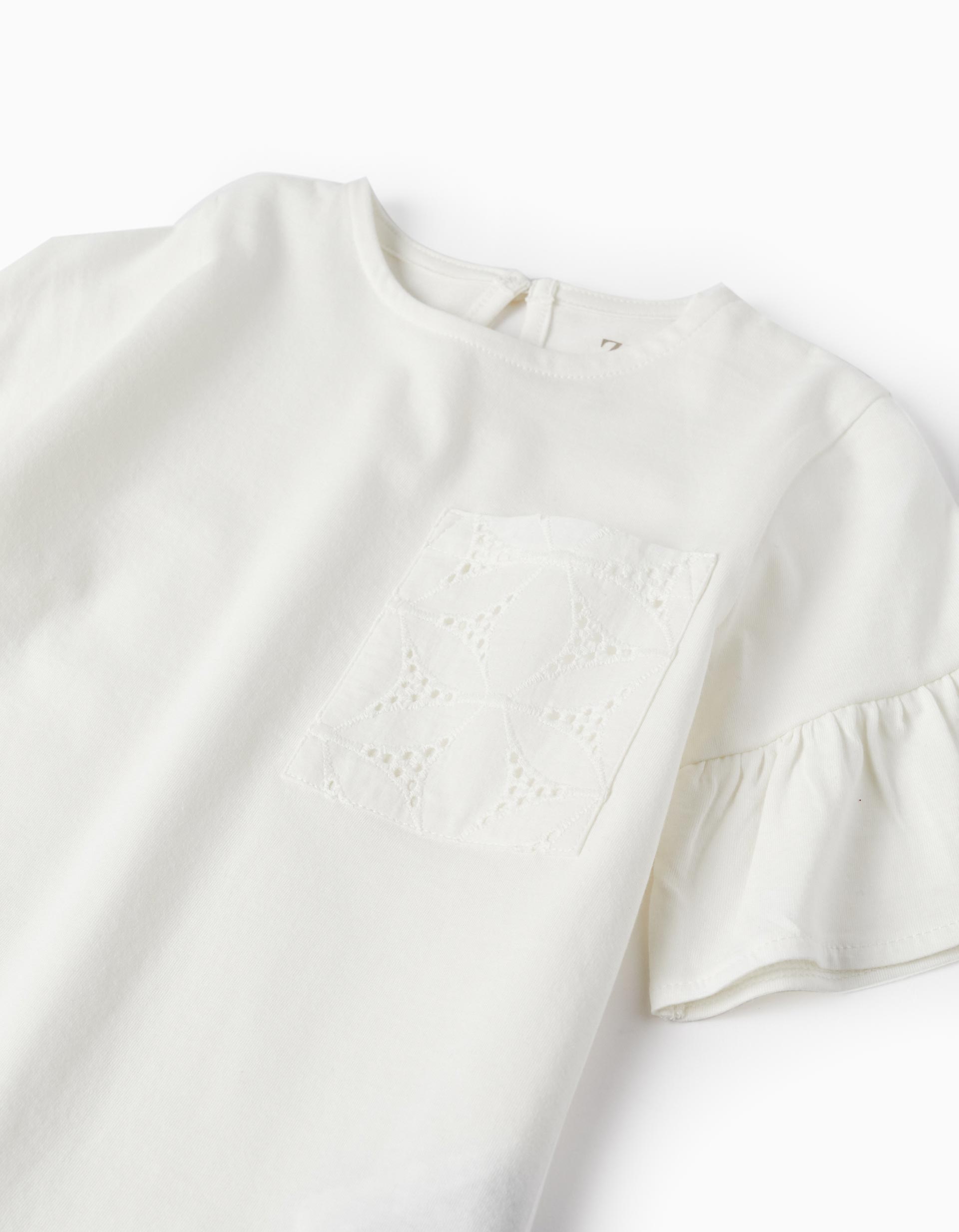 Short Sleeve T-Shirt with Embroidered Pocket for Girls, White
