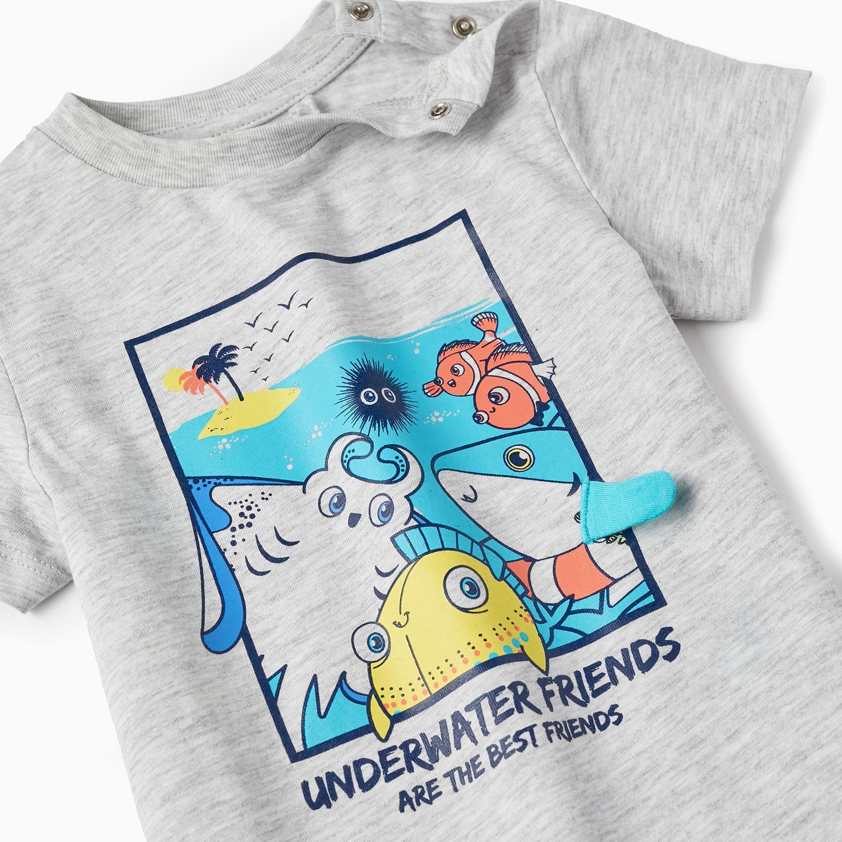 Cotton T-shirt with Printed Design for Baby Boys 'Friends&Sea', Grey