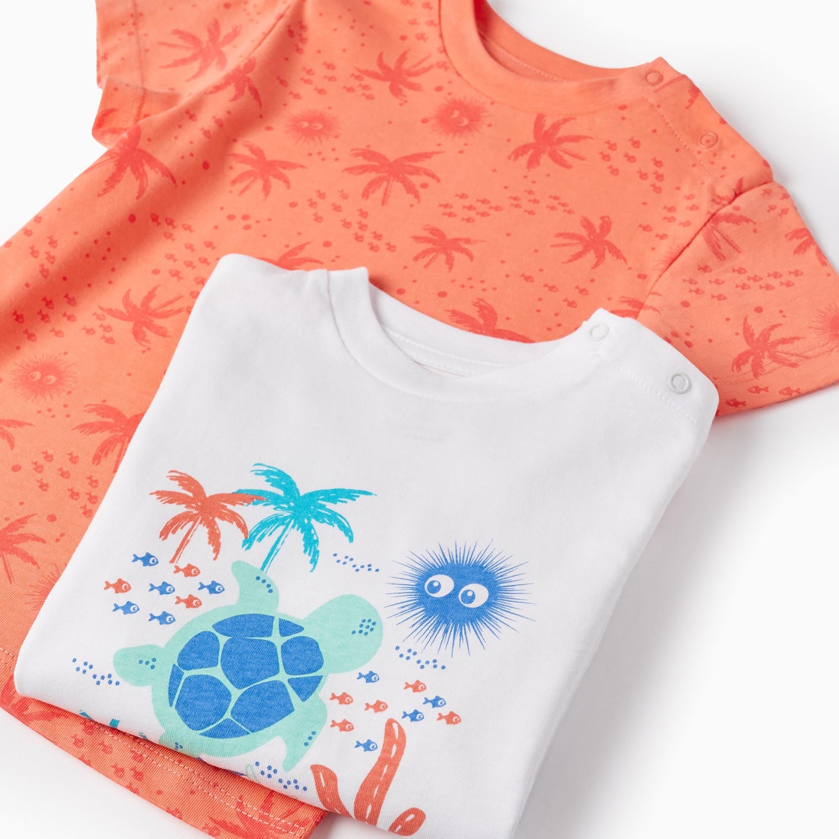 2 Cotton T-shirts for Baby Boys 'Sea Animals', White/Coral