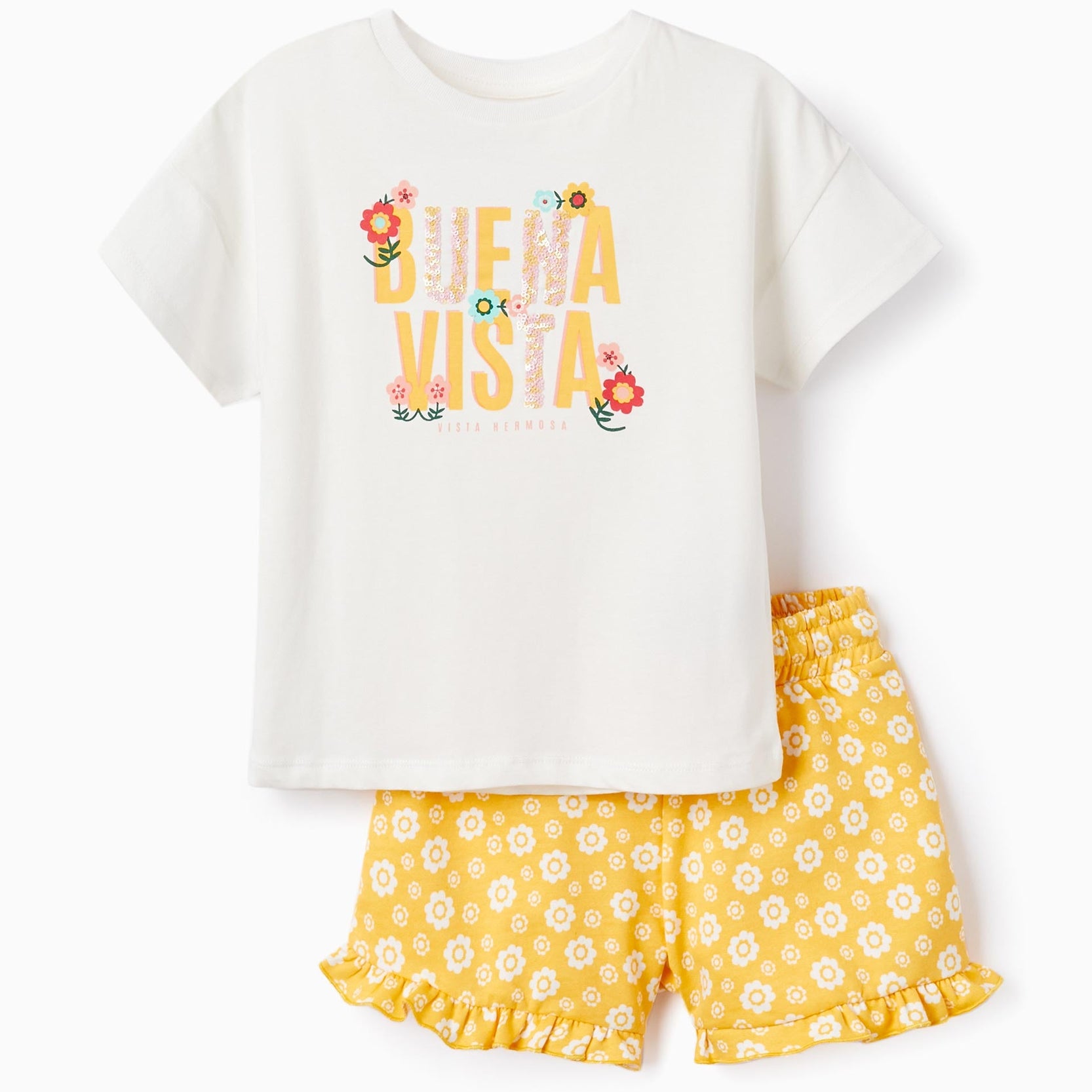T-shirt + Shorts for Girls 'Buena Vista', White/Yellow