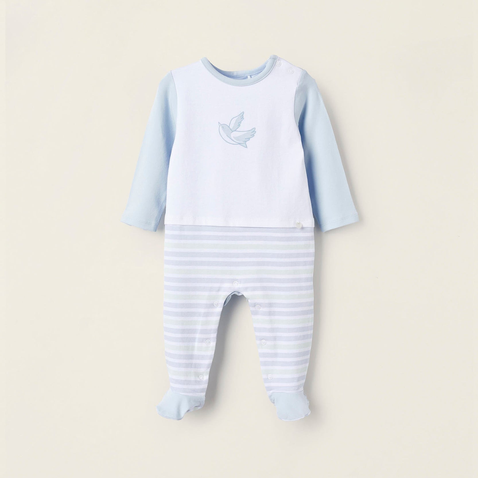 Footed Bodysuit for Newborn Boys 'Swallow', White/Light Blue/Light Green