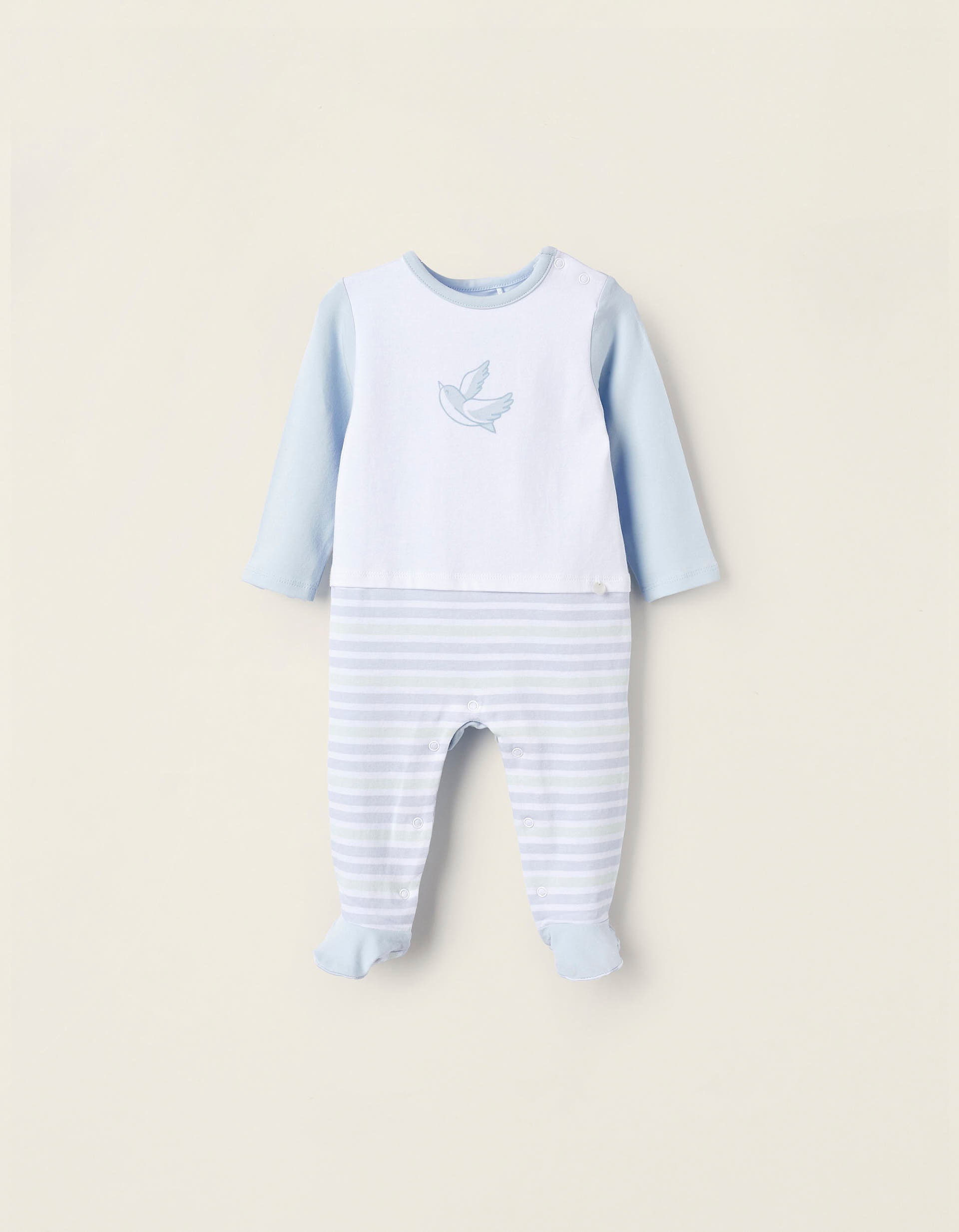 Footed Bodysuit for Newborn Boys 'Swallow', White/Light Blue/Light Green