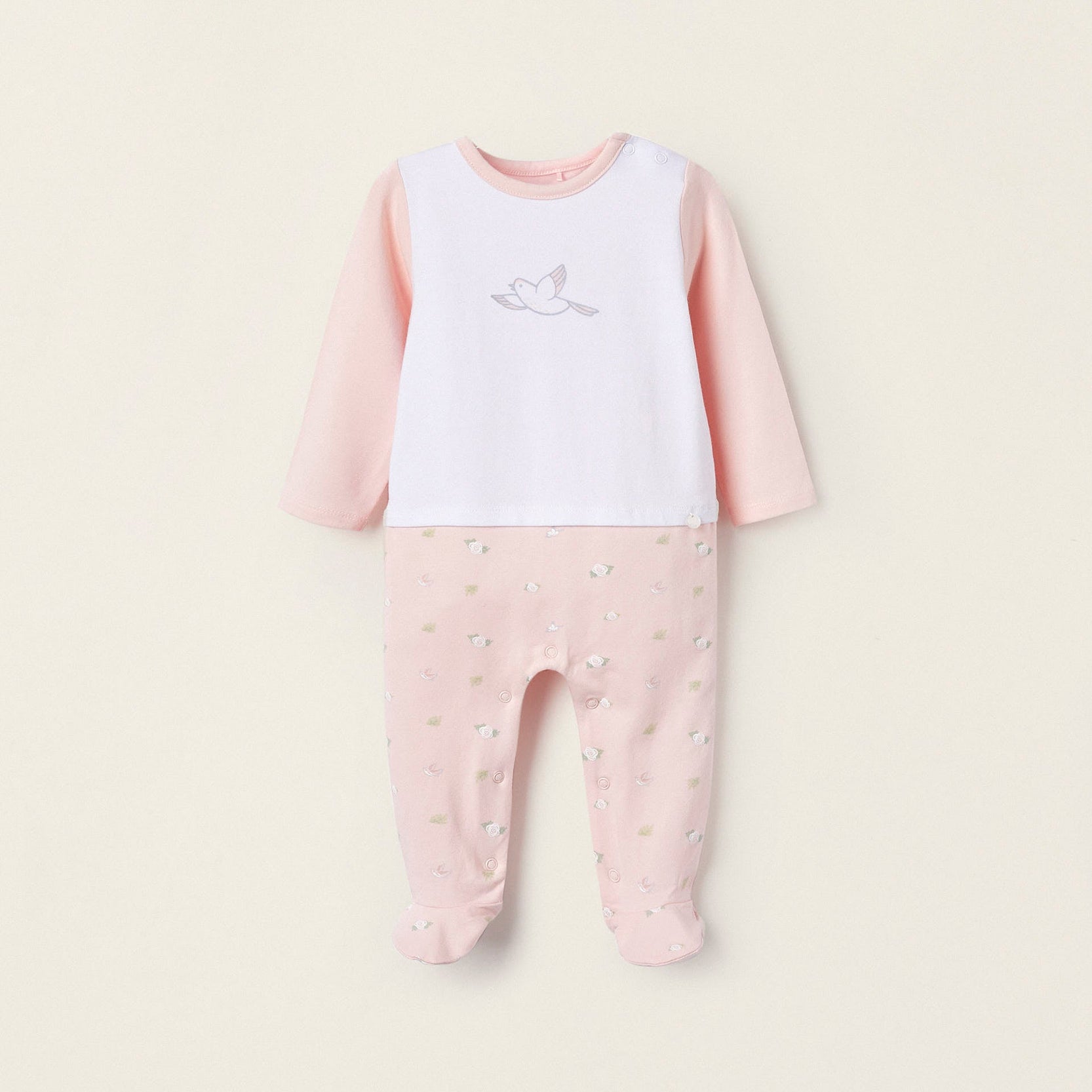 Footed Bodysuit for Newborn Girls 'Swallows & Roses', Pink/White