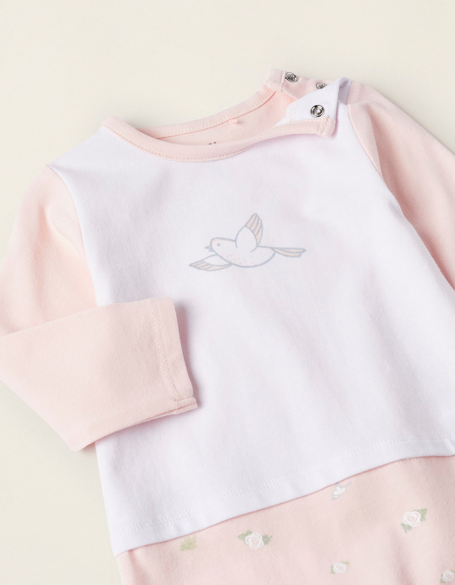 Footed Bodysuit for Newborn Girls 'Swallows & Roses', Pink/White