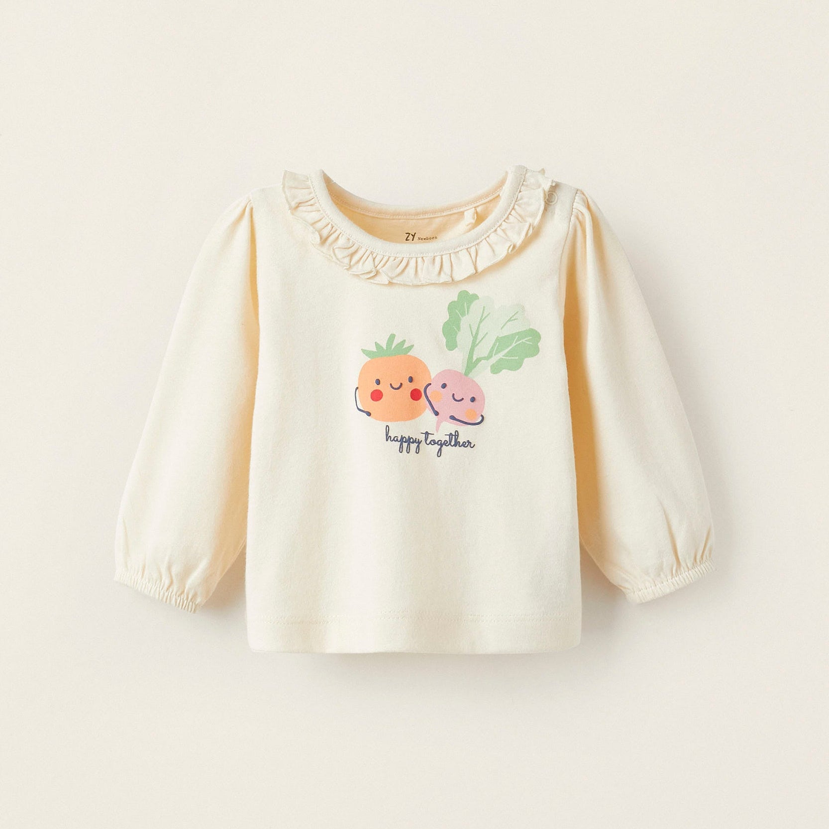 Long Sleeve T-Shirt for Newborn Girls 'Happy Together', Light Beige