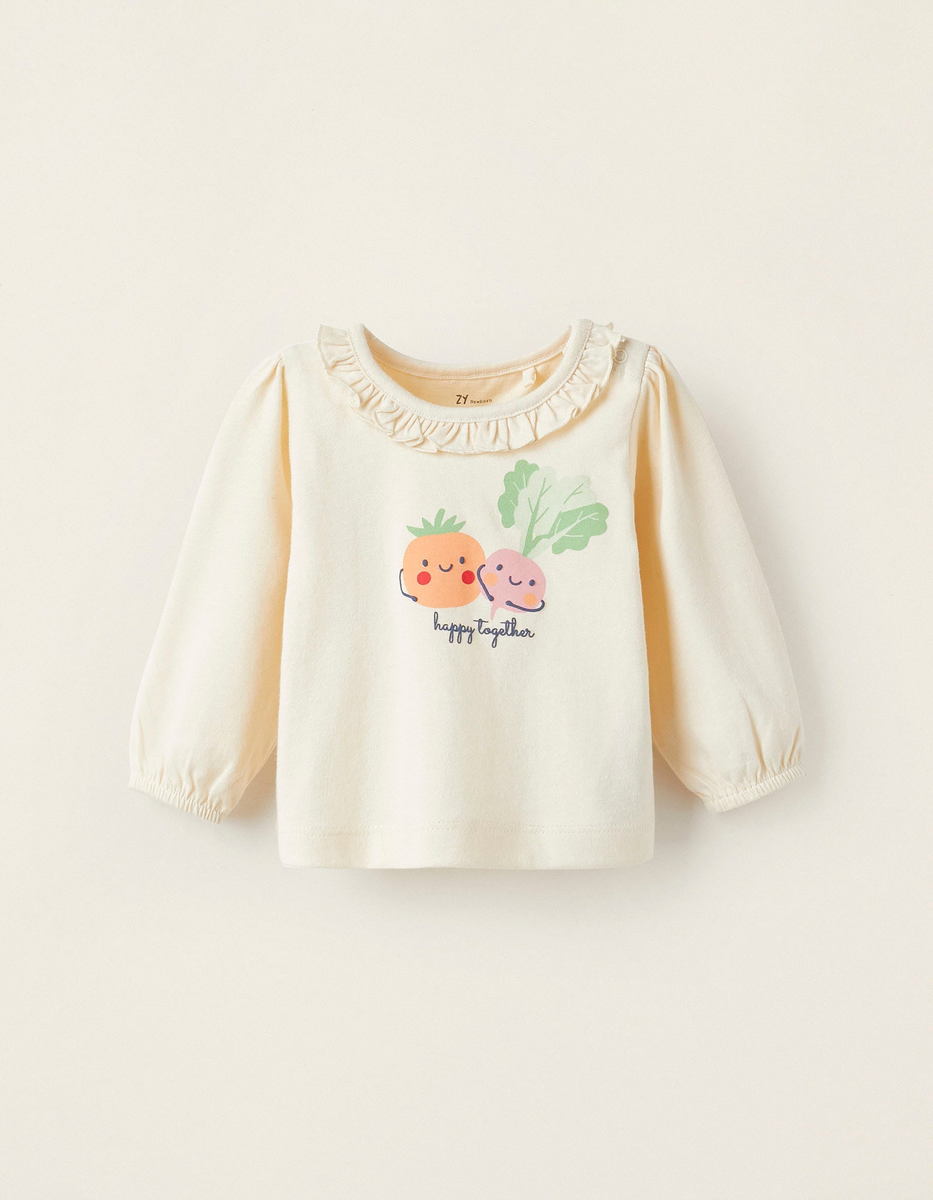 Long Sleeve T-Shirt for Newborn Girls 'Happy Together', Light Beige