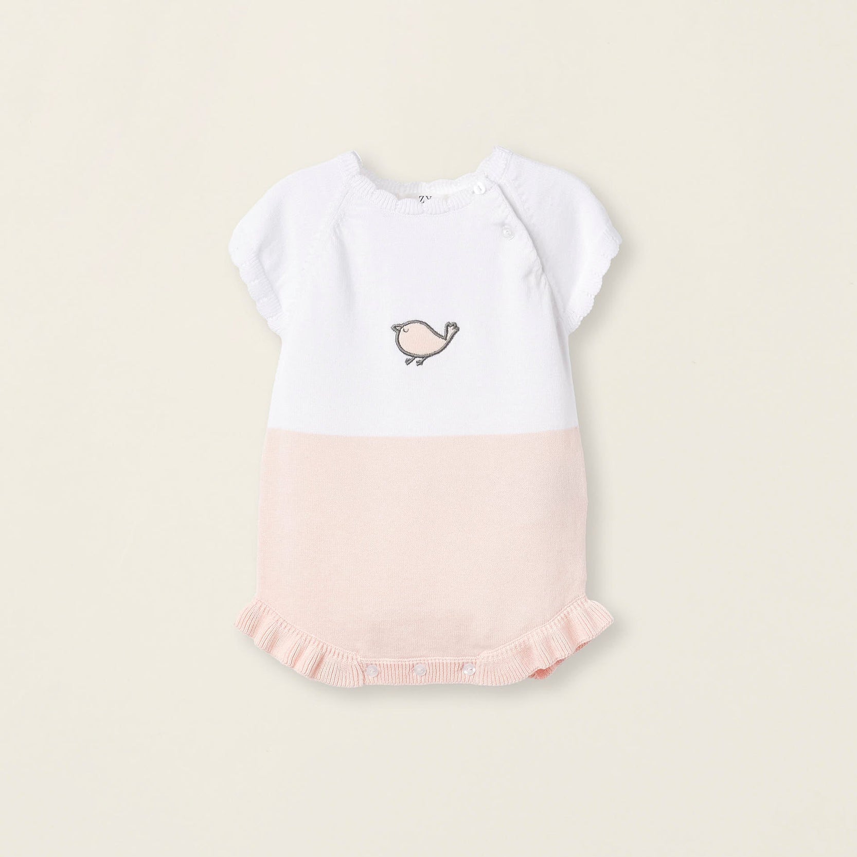 Short Knit Romper for Newborn Baby Girls 'Little Bird', White/Pink