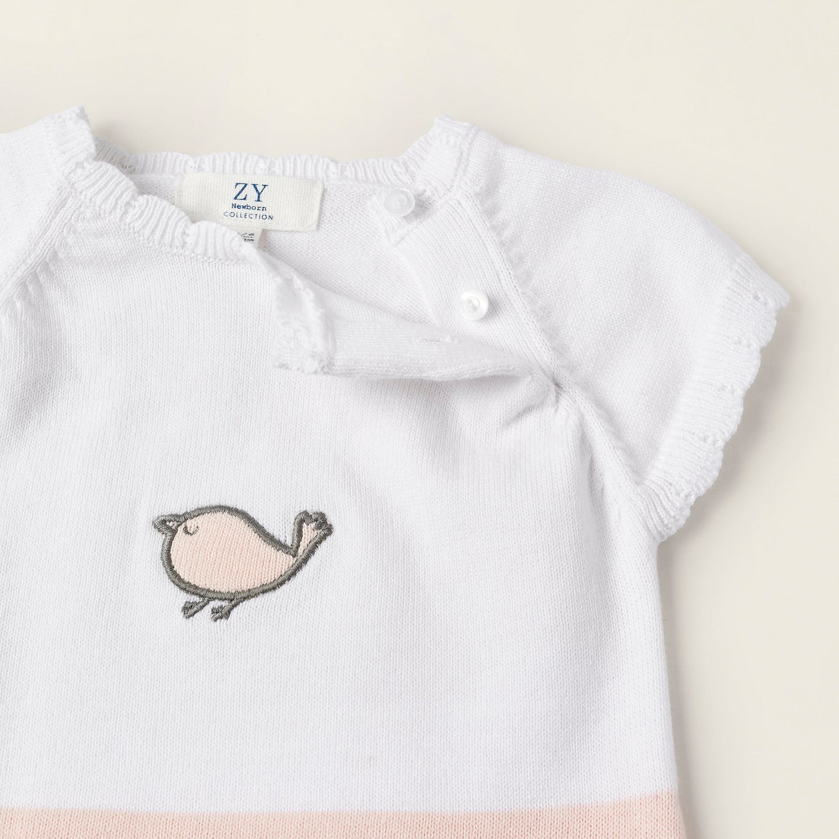 Short Knit Romper for Newborn Baby Girls 'Little Bird', White/Pink