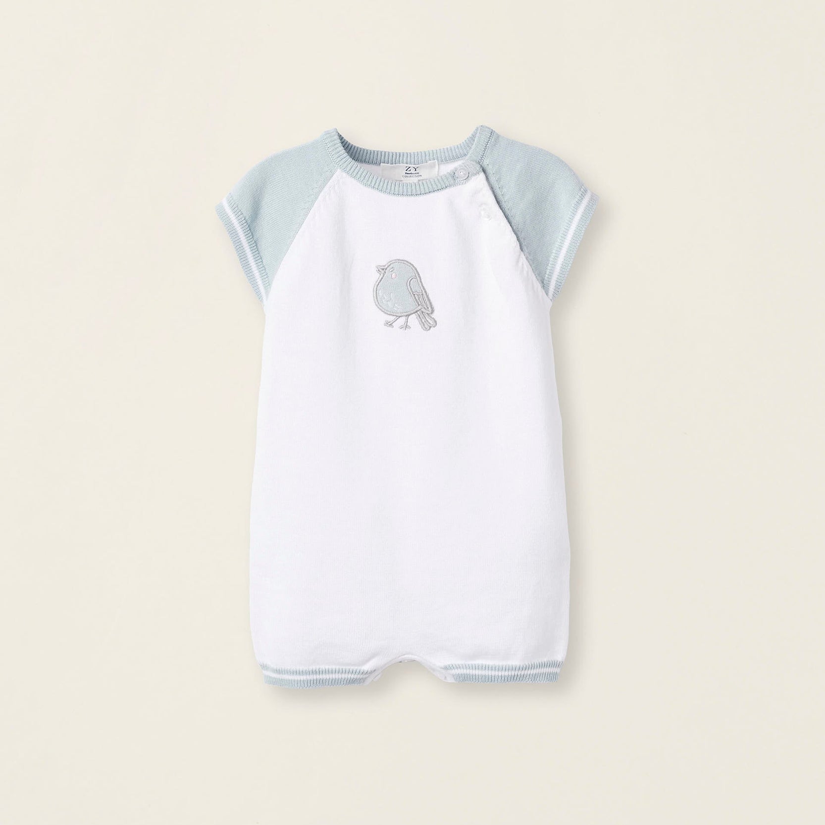 Short Knit Romper for Newborns 'Bird', White/Blue