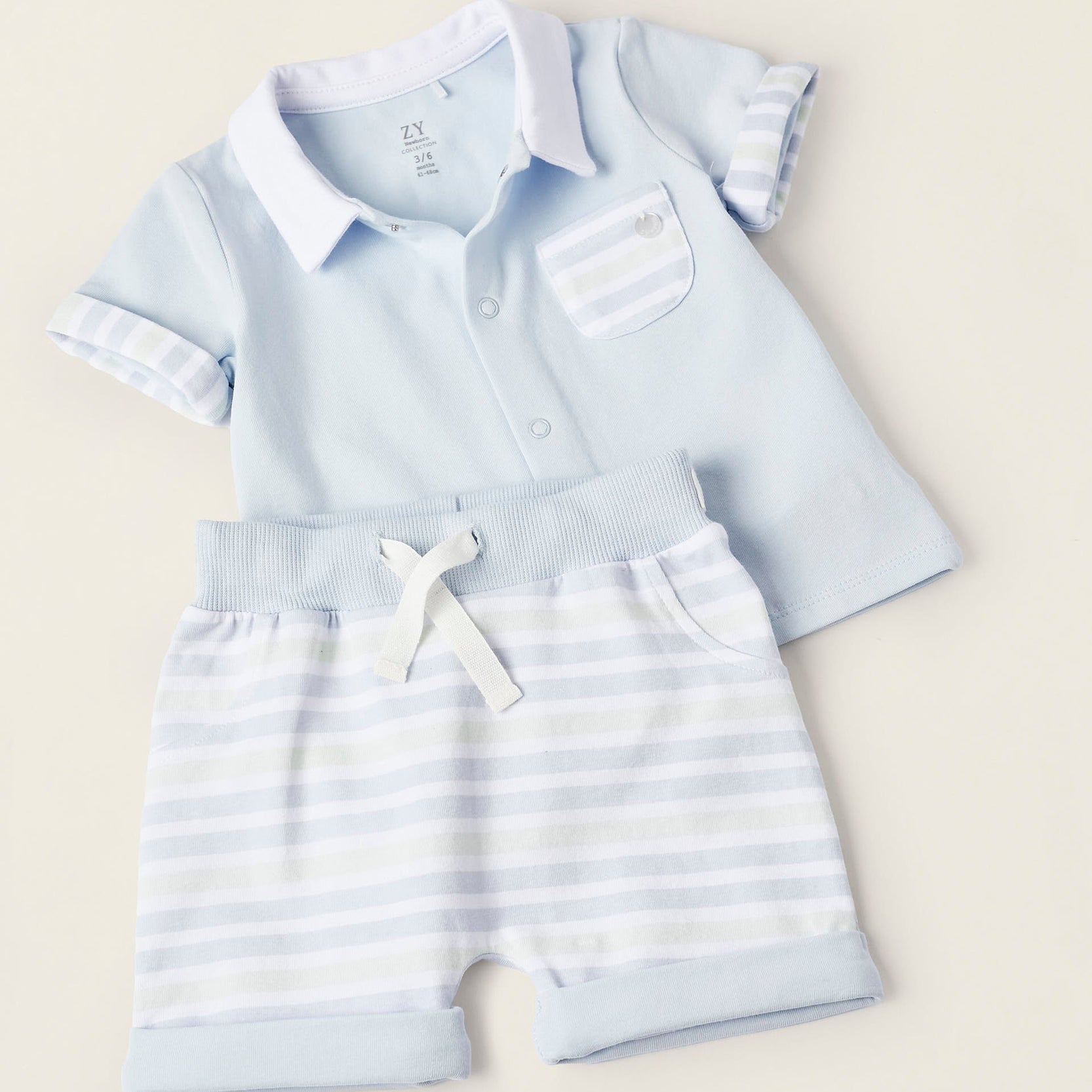 T-Shirt + Cotton Shorts for Newborn Boys, Blue/White/Green