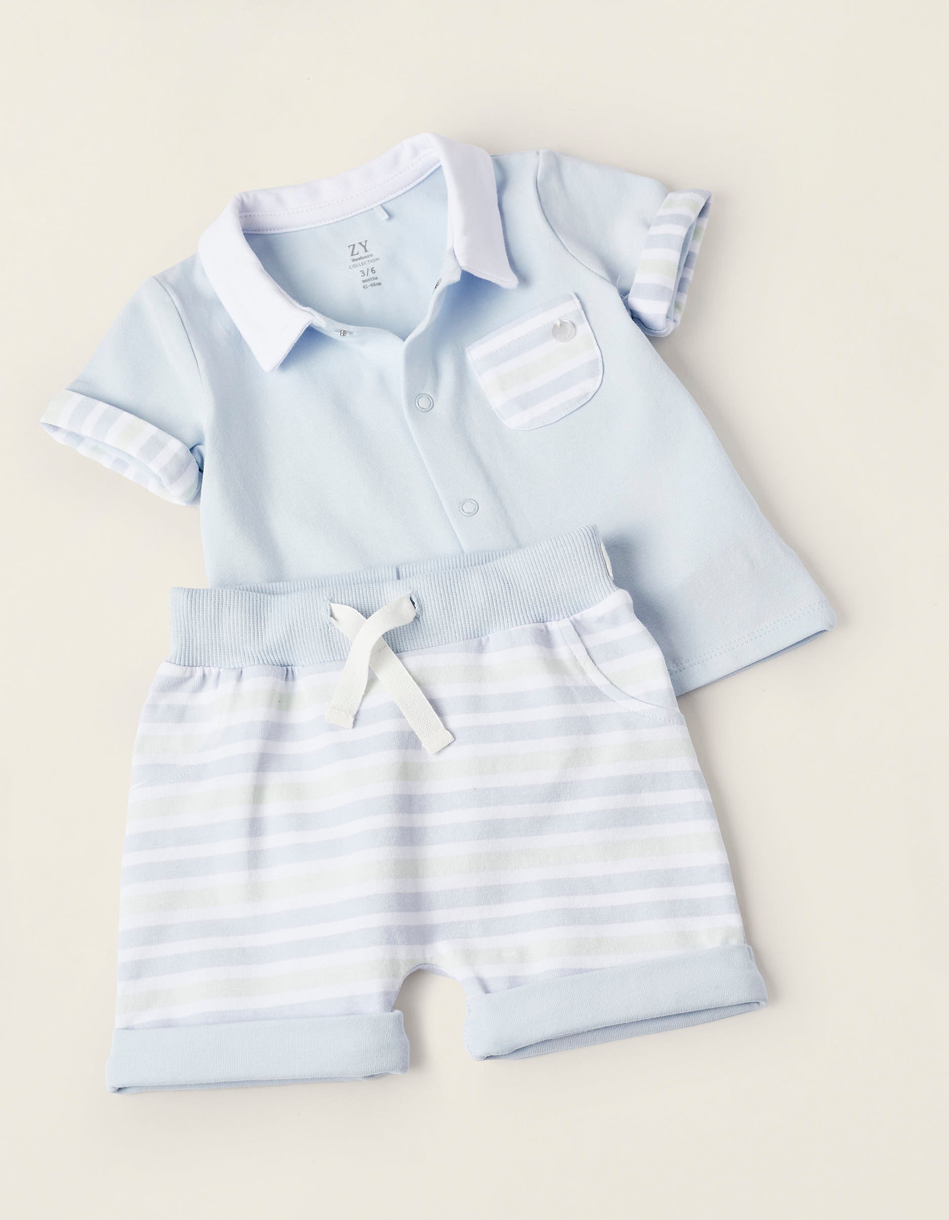 T-Shirt + Cotton Shorts for Newborn Boys, Blue/White/Green