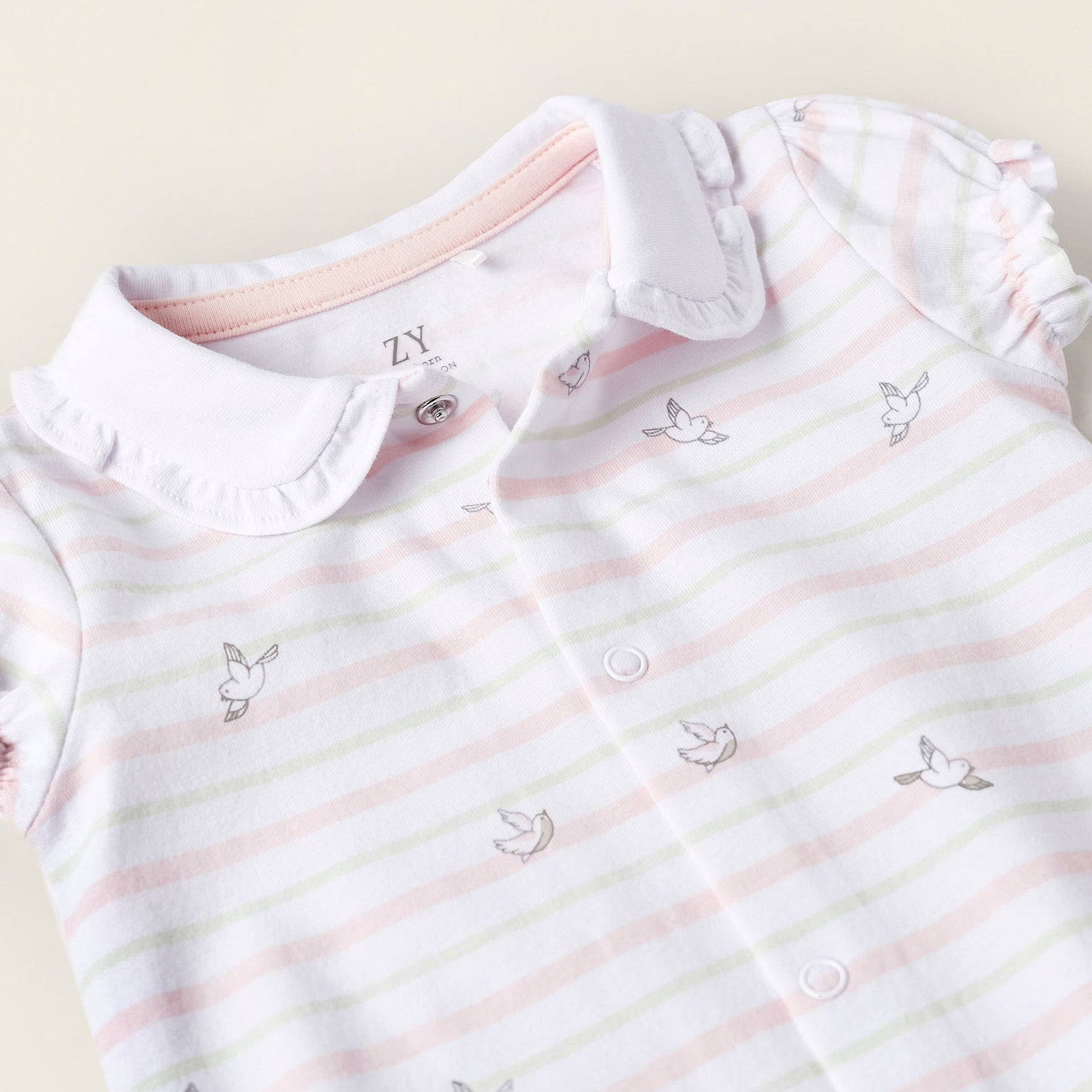 Striped Jumpsuit for Newborn Girls 'Birds', White/Green/Light Pink