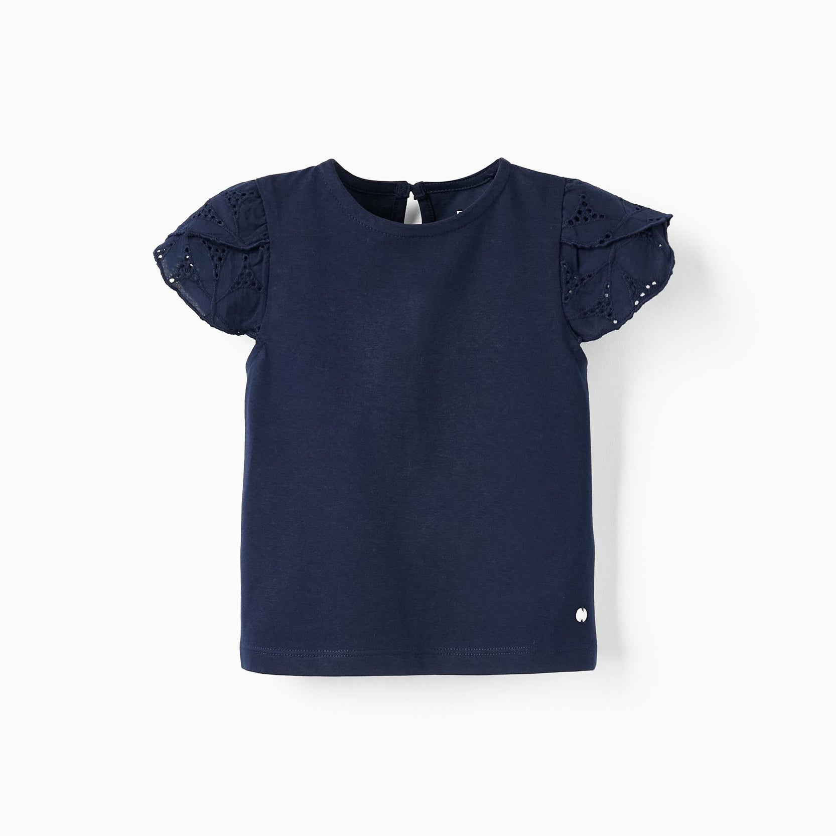 Short Sleeve T-Shirt with English Embroidery for Baby Girls, Dark Blue