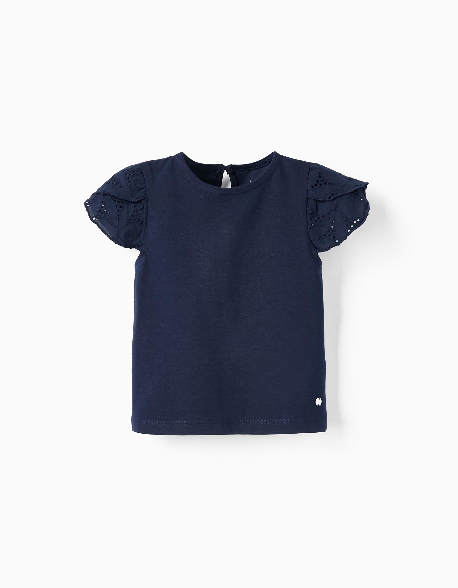 Short Sleeve T-Shirt with English Embroidery for Baby Girls, Dark Blue
