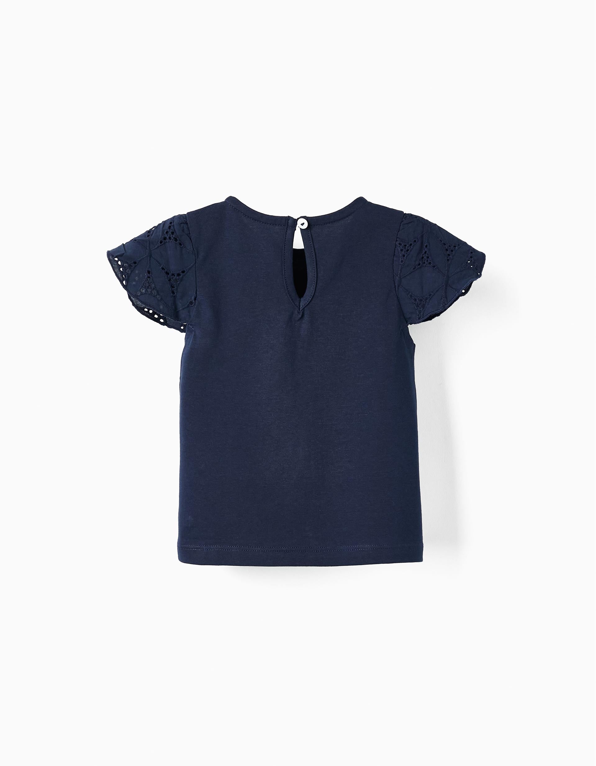 Short Sleeve T-Shirt with English Embroidery for Baby Girls, Dark Blue