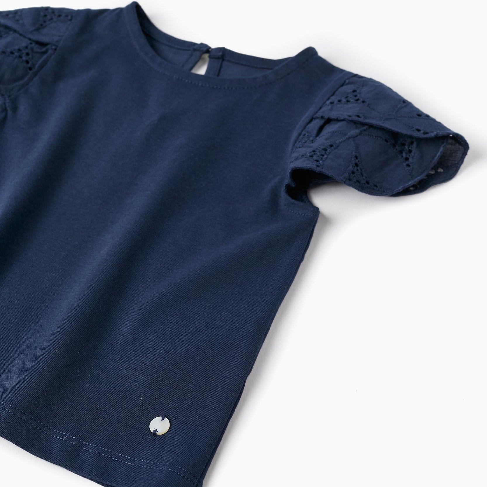 Short Sleeve T-Shirt with English Embroidery for Baby Girls, Dark Blue