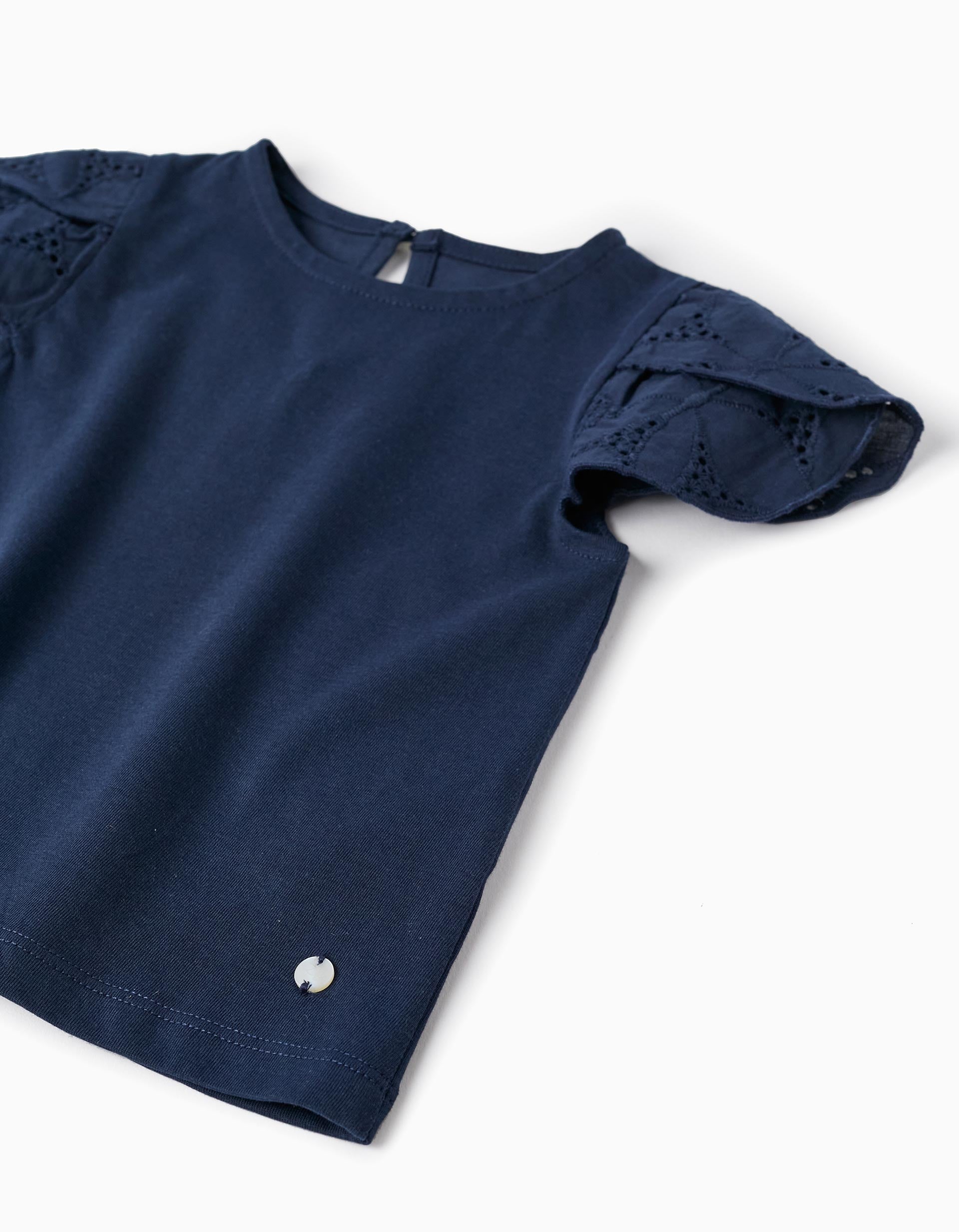 Short Sleeve T-Shirt with English Embroidery for Baby Girls, Dark Blue