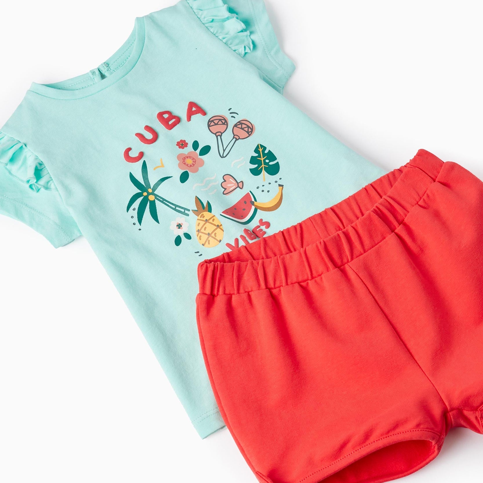 T-shirt + Shorts for Baby Girls 'Cuba', Red/Aqua Green