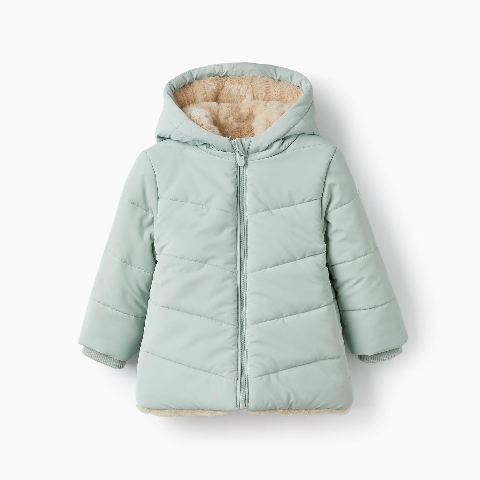 Padded Coat with Fur and Hood for Baby Girls, Light Green