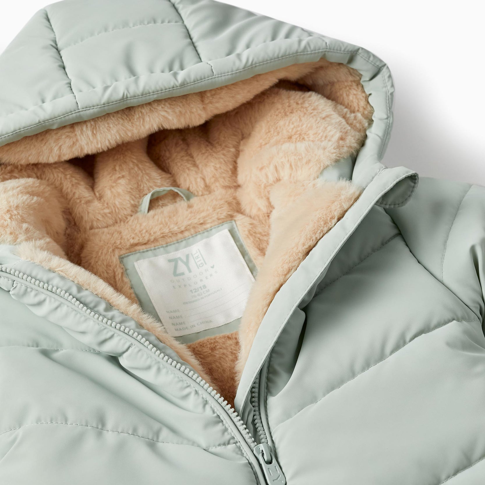 Padded Coat with Fur and Hood for Baby Girls, Light Green