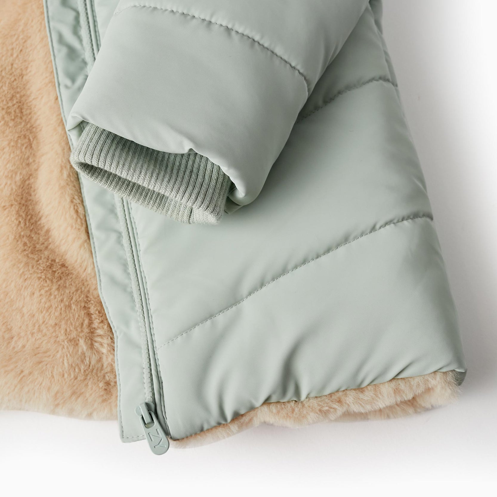 Padded Coat with Fur and Hood for Baby Girls, Light Green