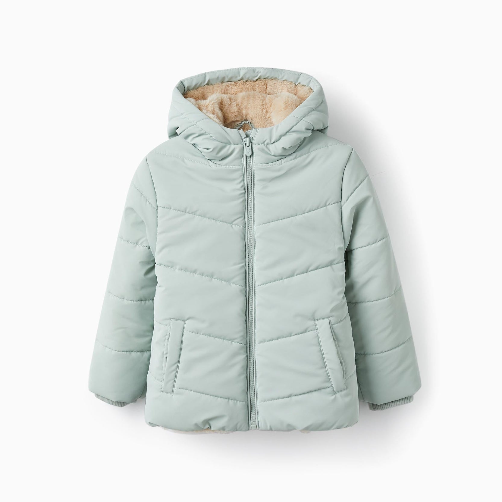 Padded Coat with Fur and Hood for Girls, Light Green