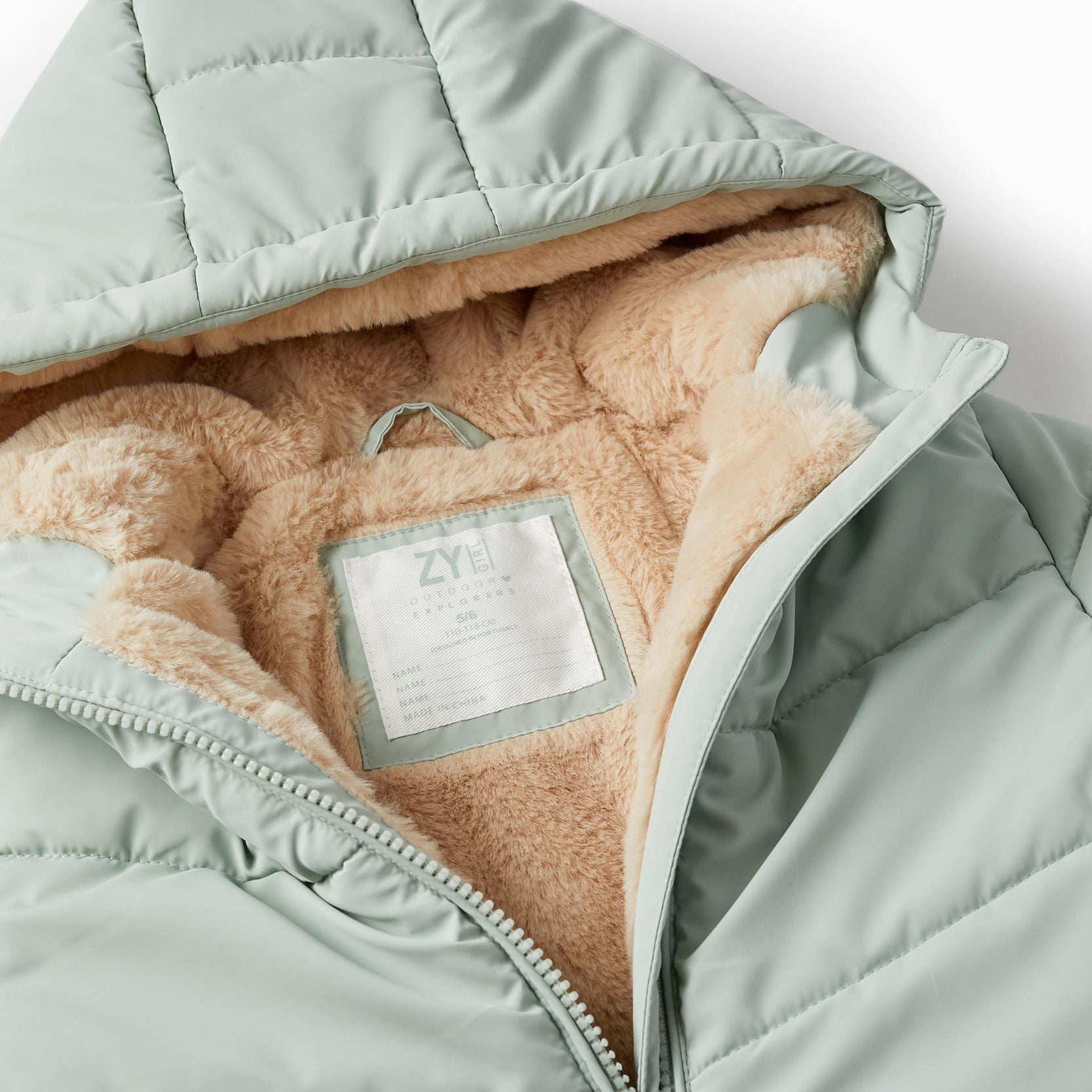 Padded Coat with Fur and Hood for Girls, Light Green