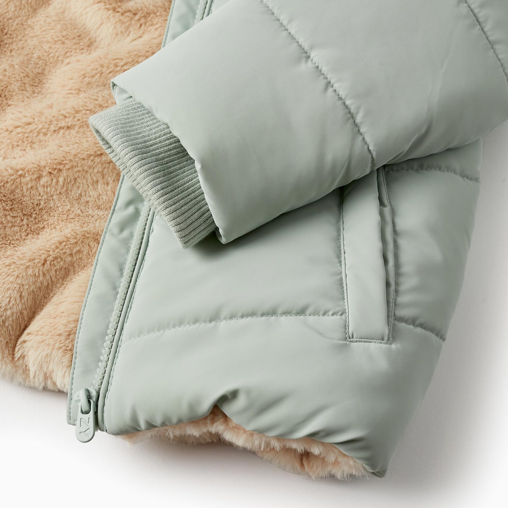 Padded Coat with Fur and Hood for Girls, Light Green