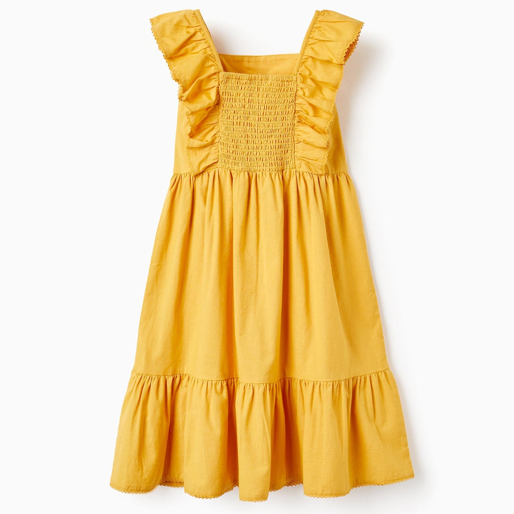 Cotton and Linen Dress with Embroidery and Beads for Girls, Yellow