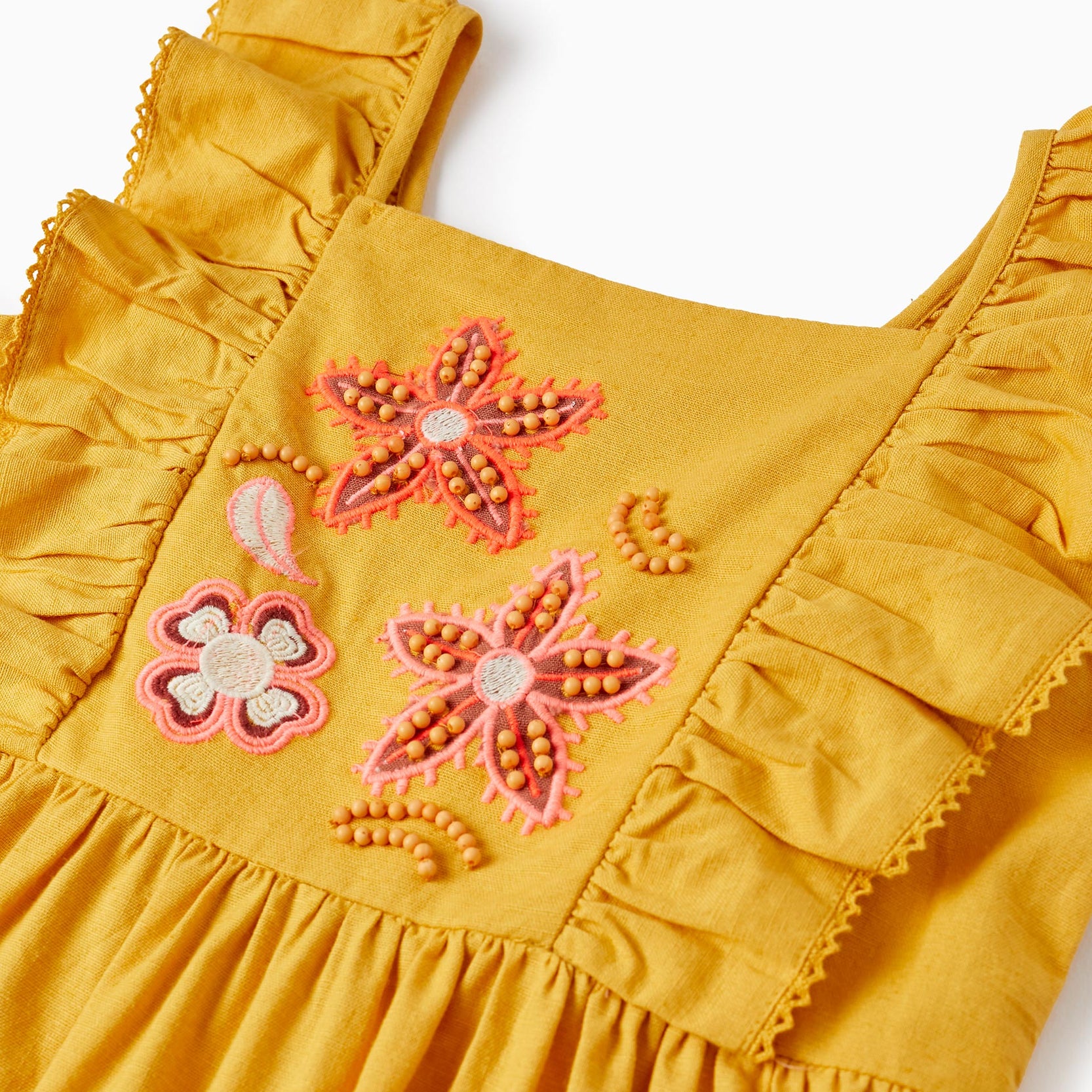 Cotton and Linen Dress with Embroidery and Beads for Girls, Yellow
