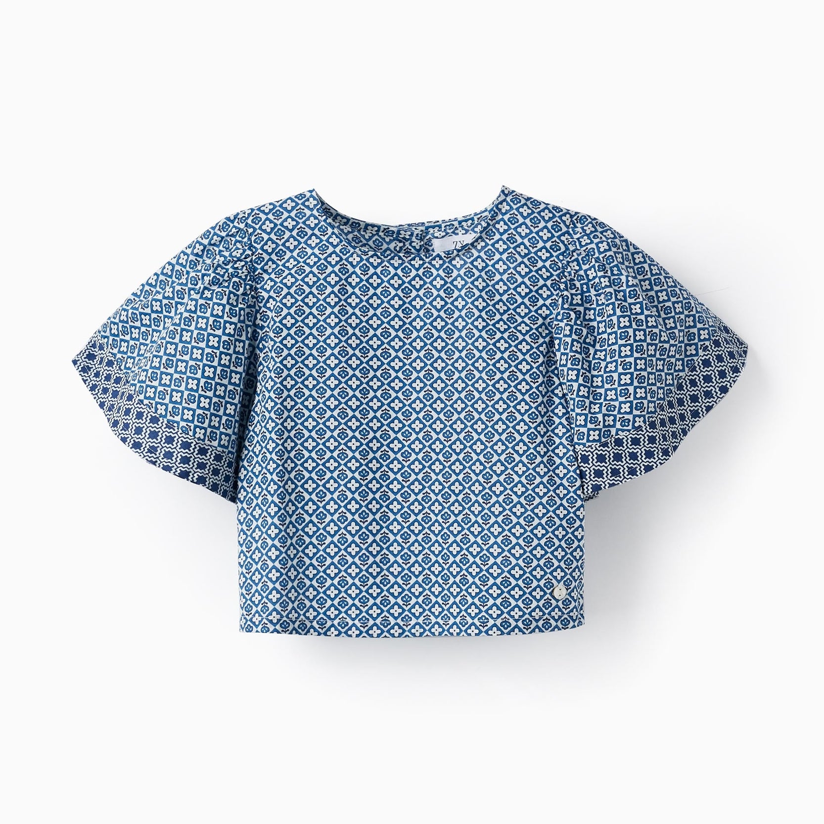 Cropped Cotton T-Shirt with Pattern for Girls, Blue/White