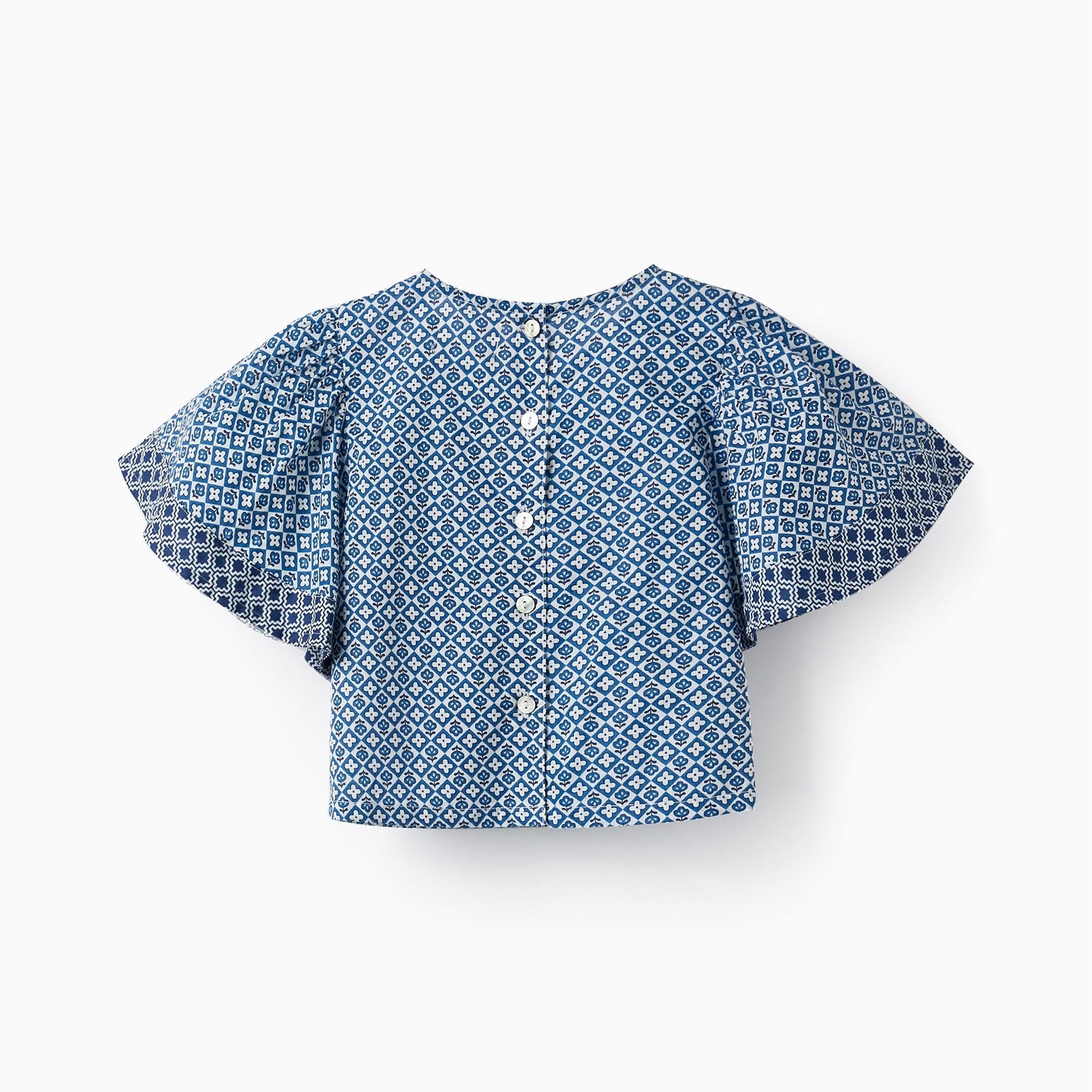 Cropped Cotton T-Shirt with Pattern for Girls, Blue/White