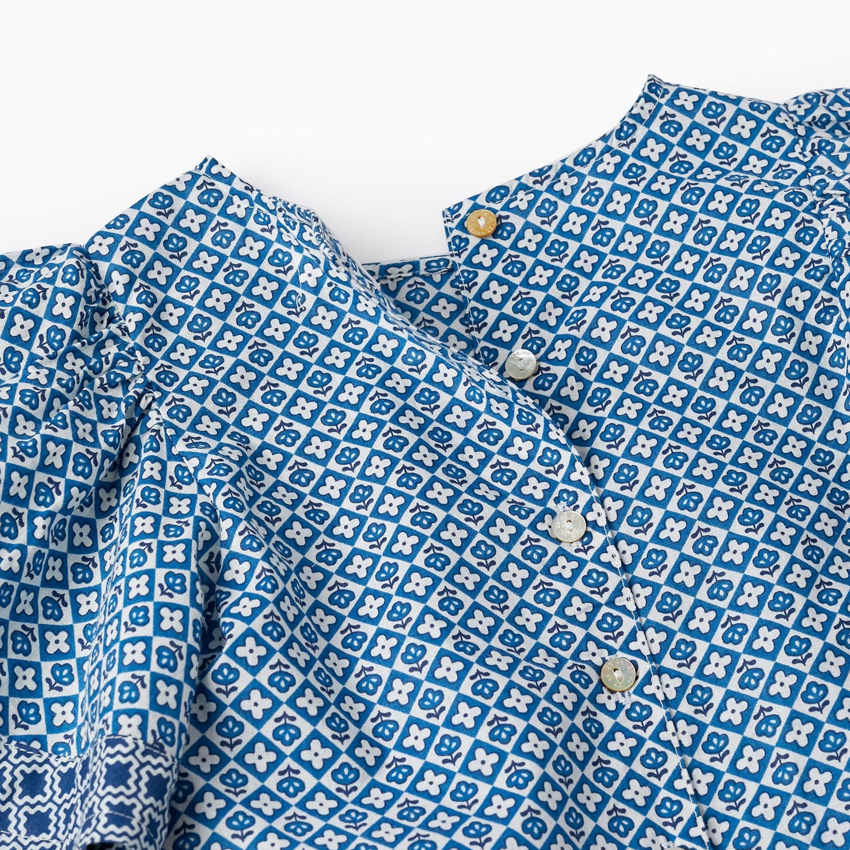 Cropped Cotton T-Shirt with Pattern for Girls, Blue/White