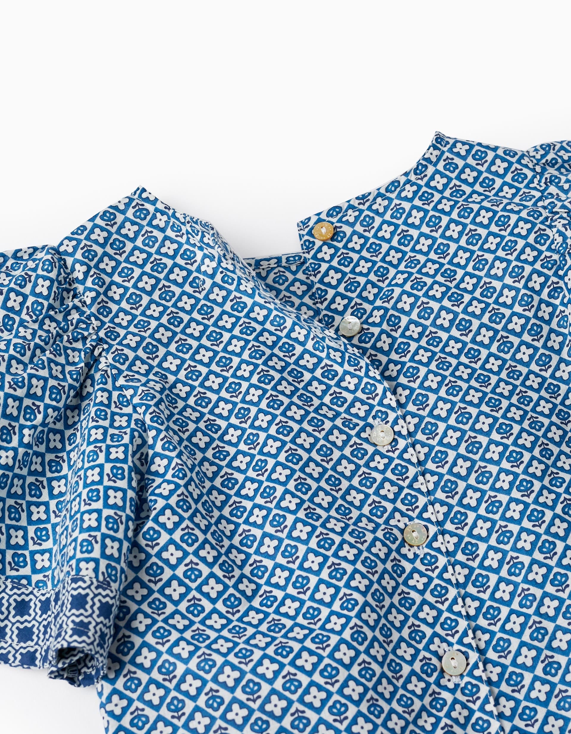 Cropped Cotton T-Shirt with Pattern for Girls, Blue/White