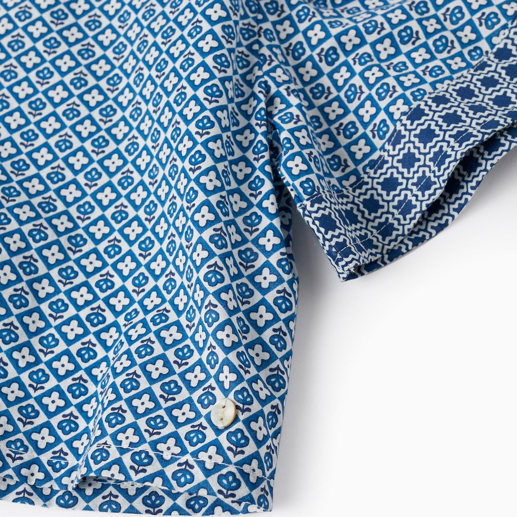 Cropped Cotton T-Shirt with Pattern for Girls, Blue/White