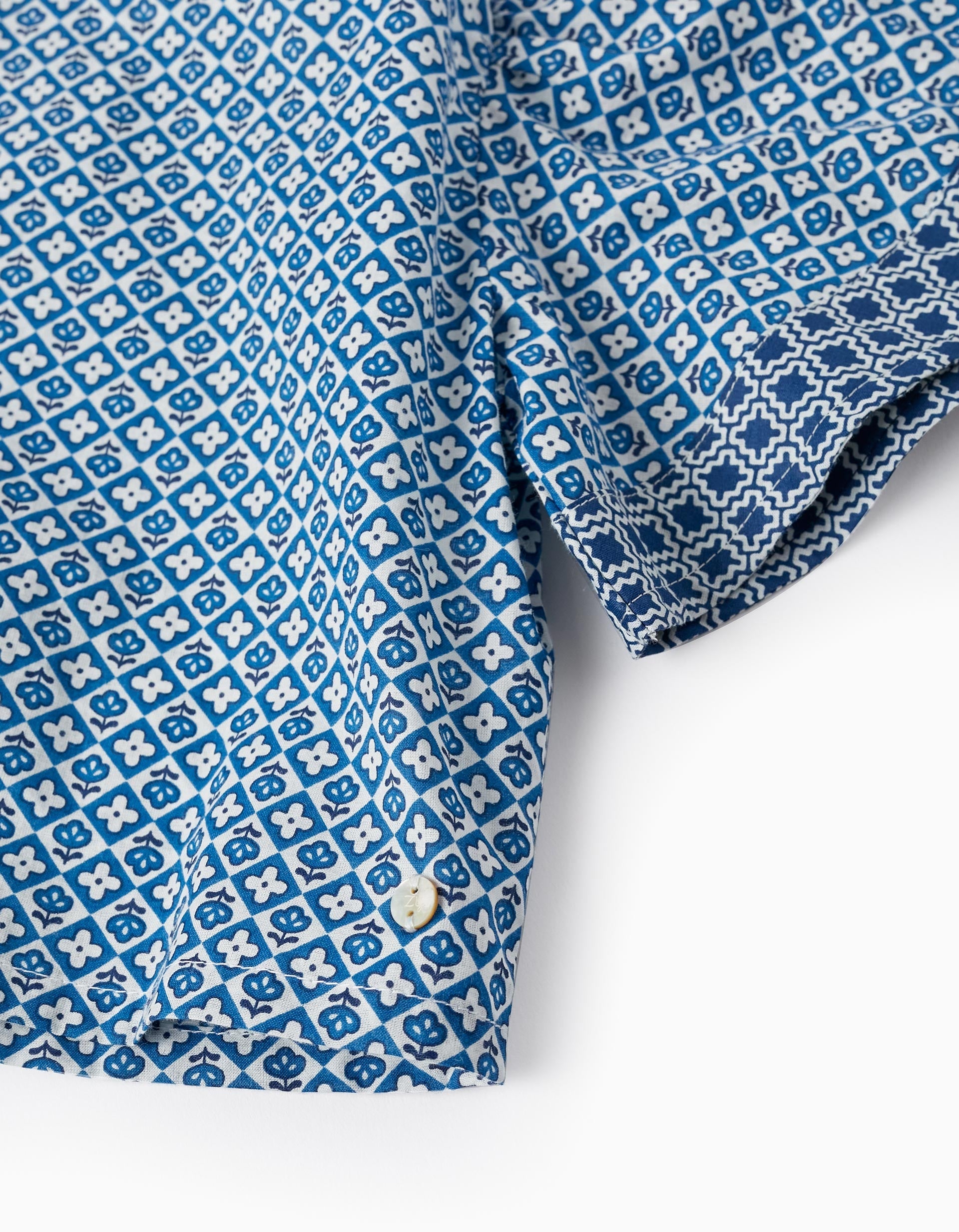 Cropped Cotton T-Shirt with Pattern for Girls, Blue/White