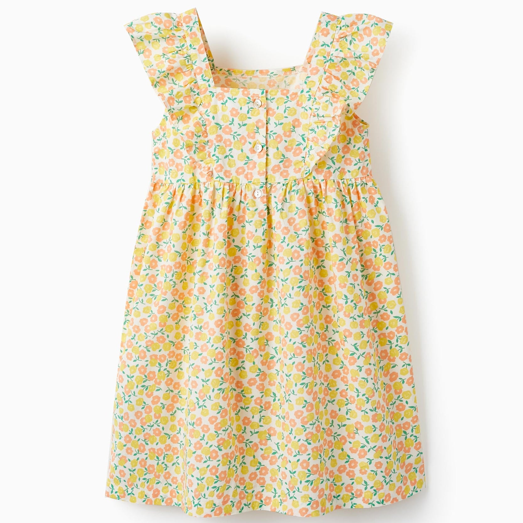 Floral Cotton Dress for Girls, White/Yellow/Orange