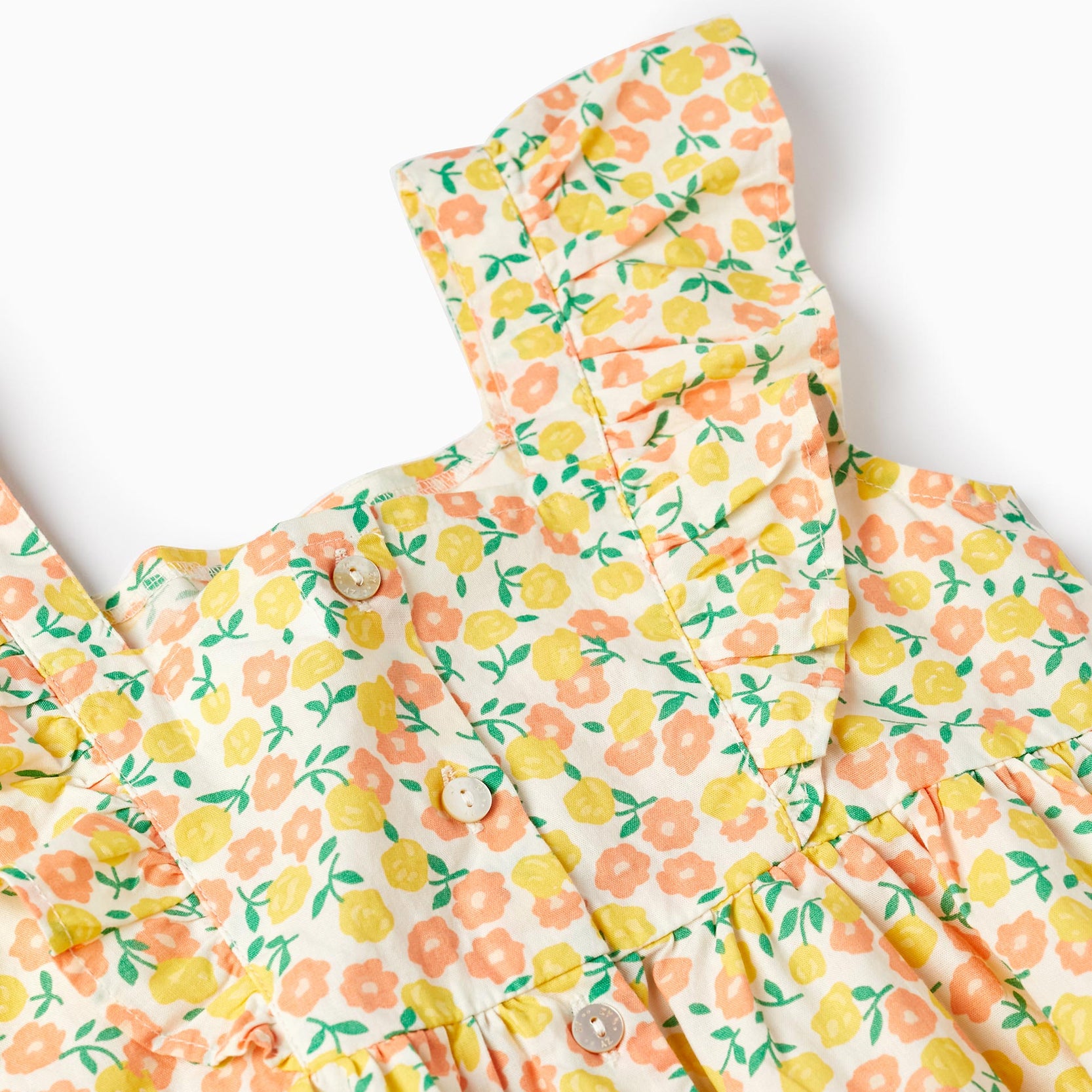 Floral Cotton Dress for Girls, White/Yellow/Orange