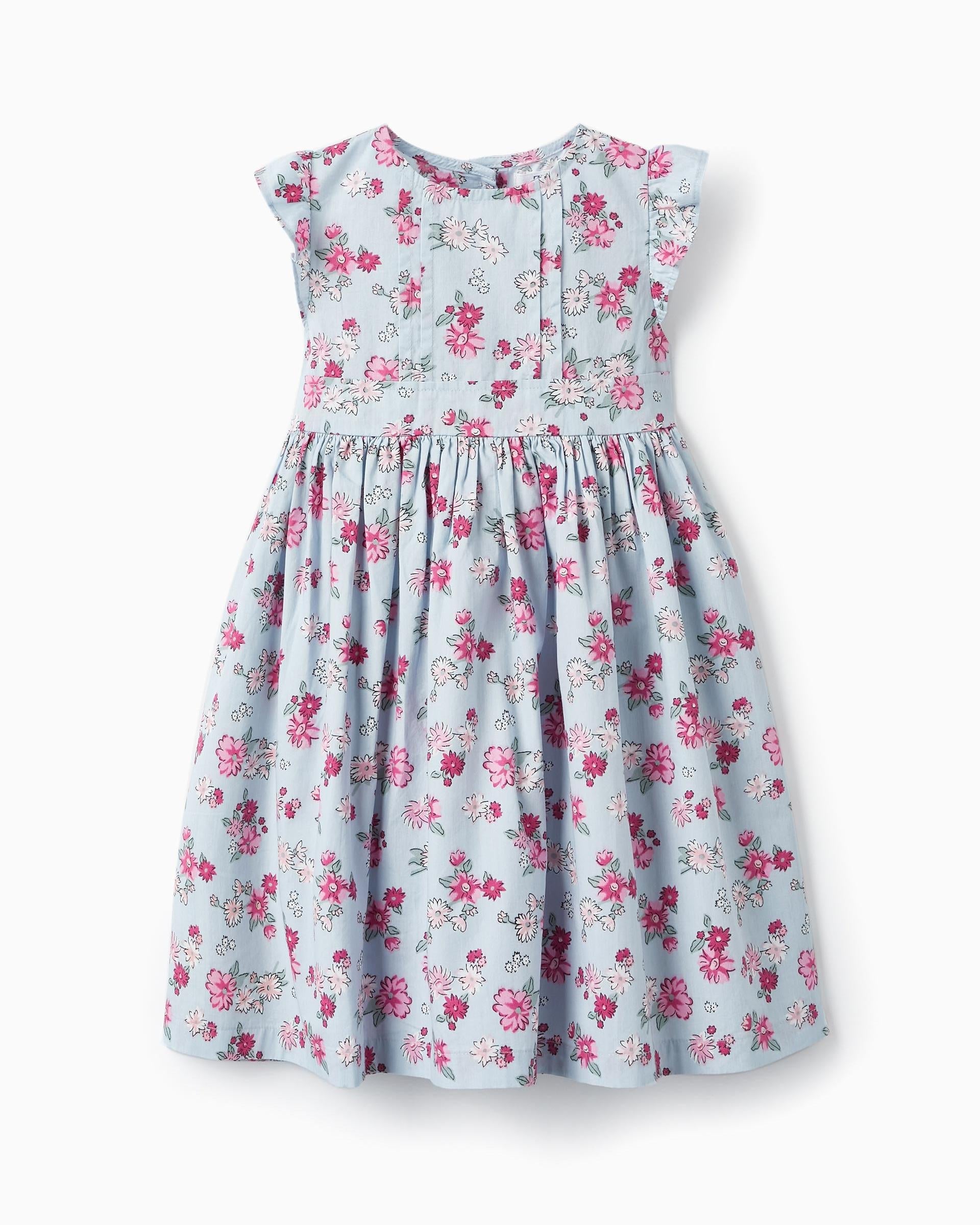 Floral Dress with Ruffles for Girls, Light Blue