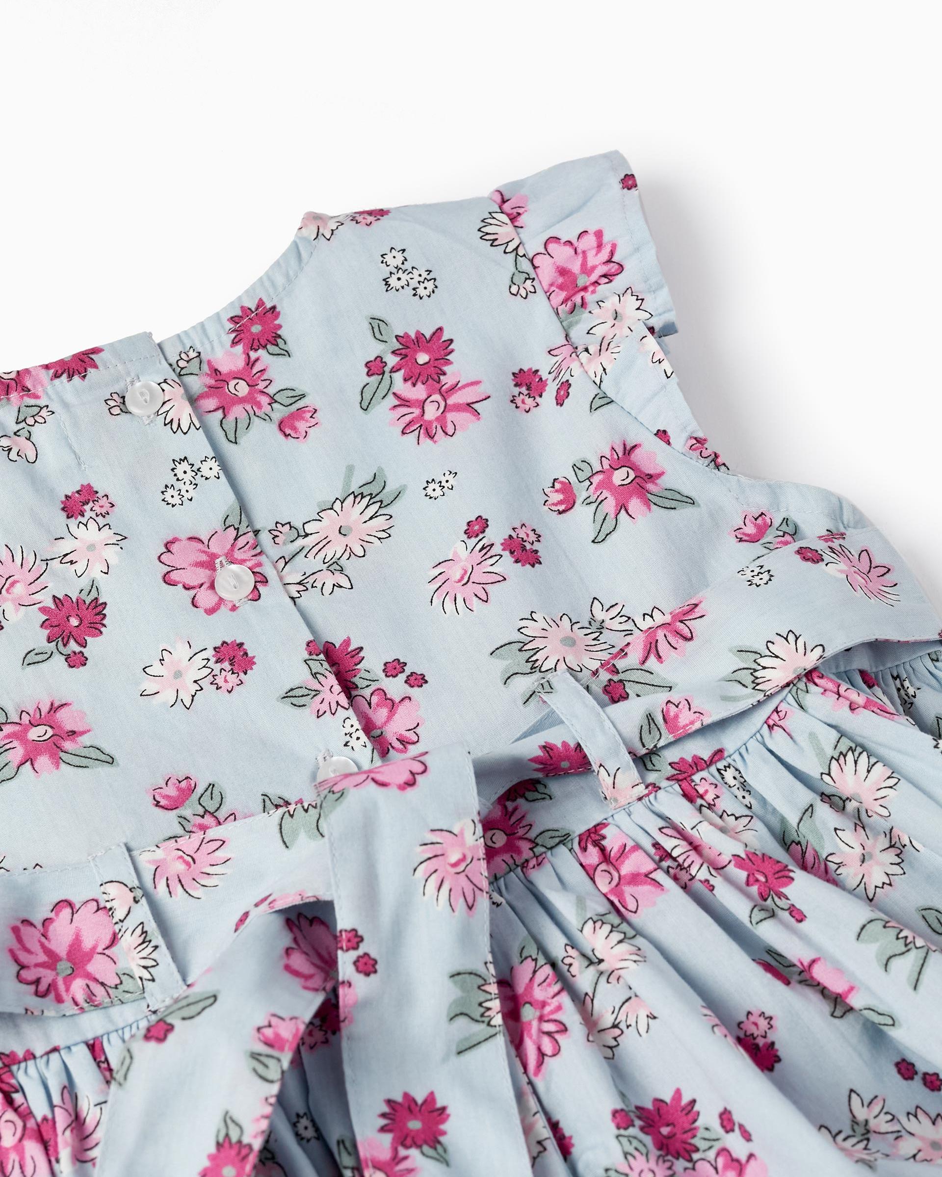 Floral Dress with Ruffles for Girls, Light Blue