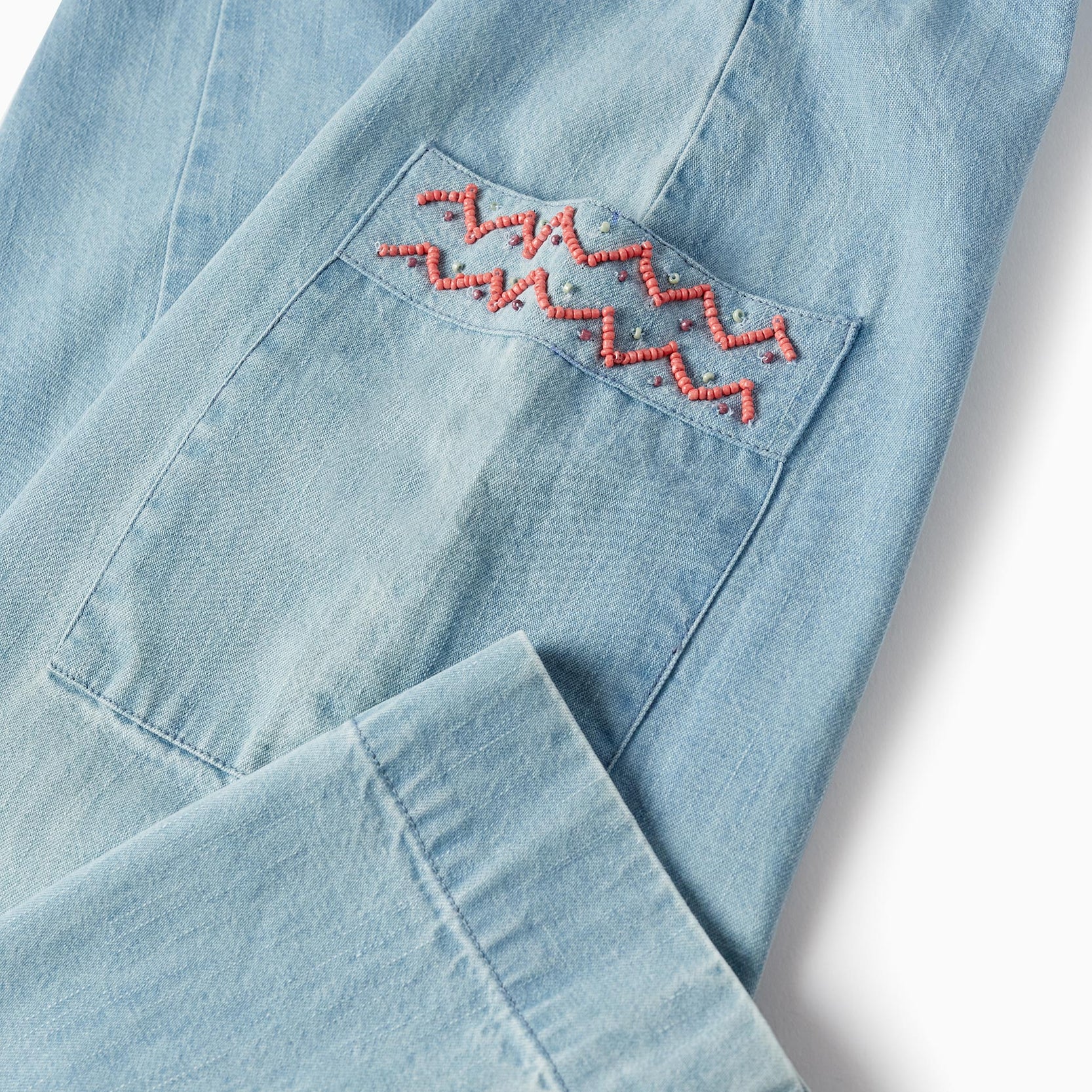 Light Cotton Denim Overalls with Beads for Girls, Light Blue