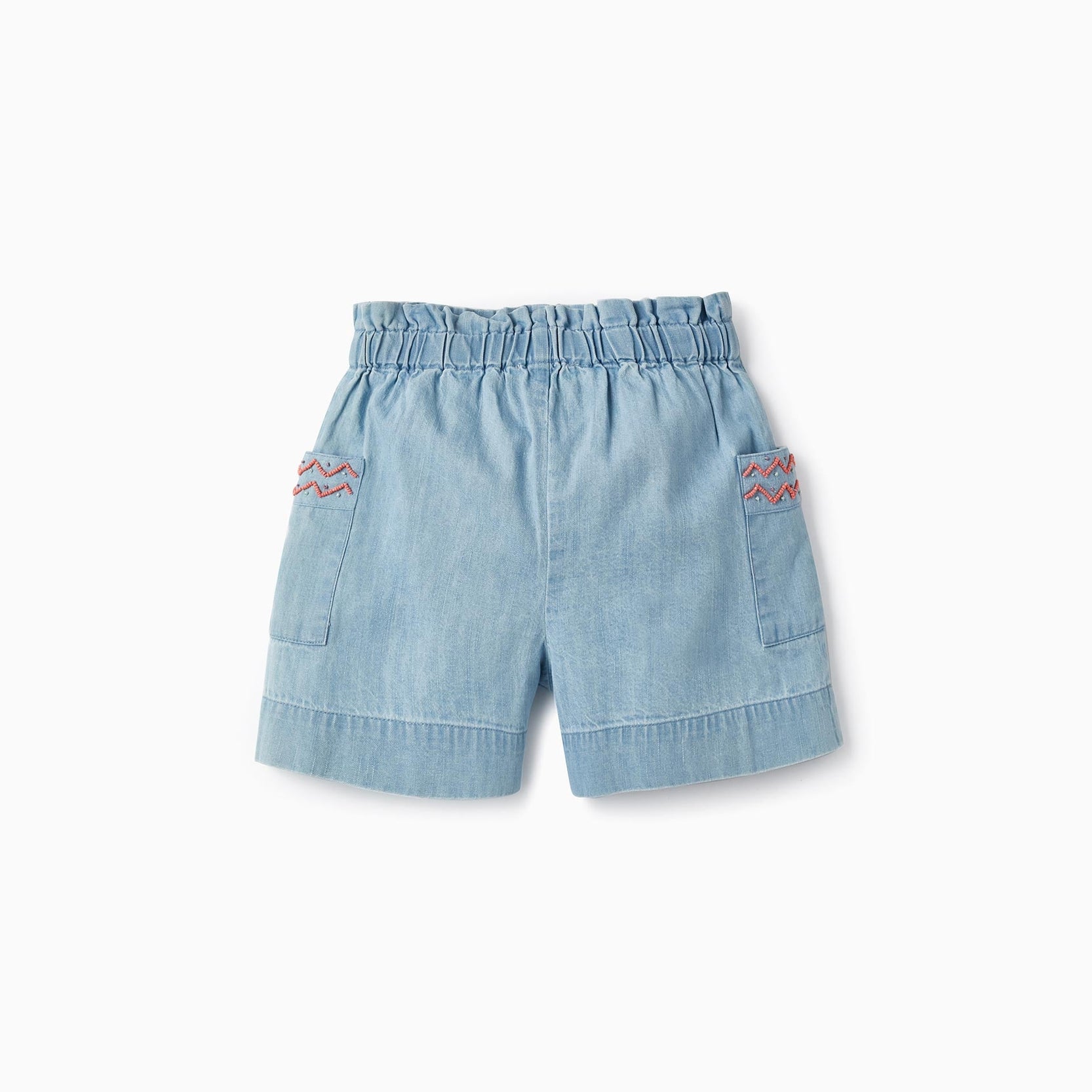Paperbag Cotton Denim Shorts with Beads for Girls, Light Blue