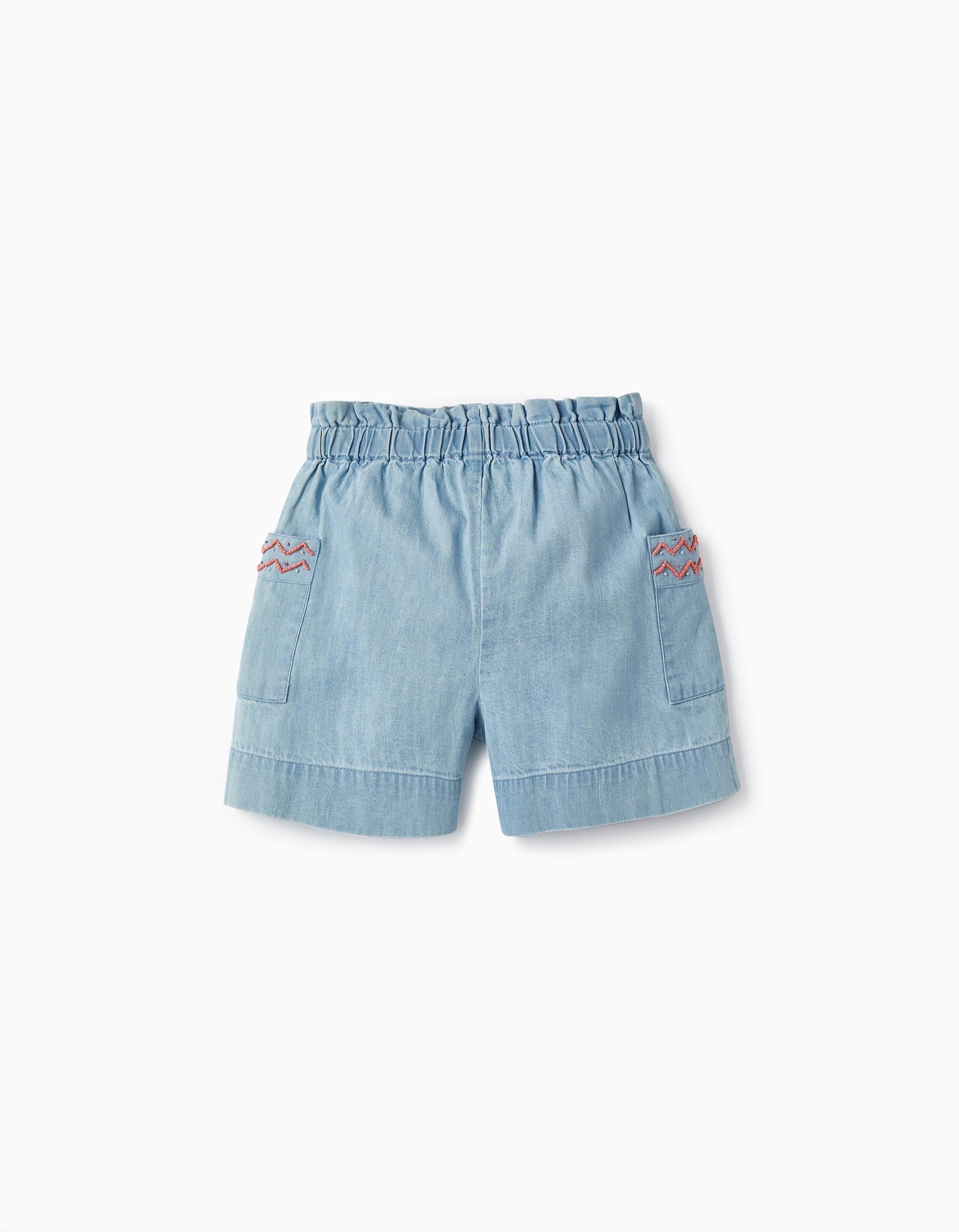 Paperbag Cotton Denim Shorts with Beads for Girls, Light Blue