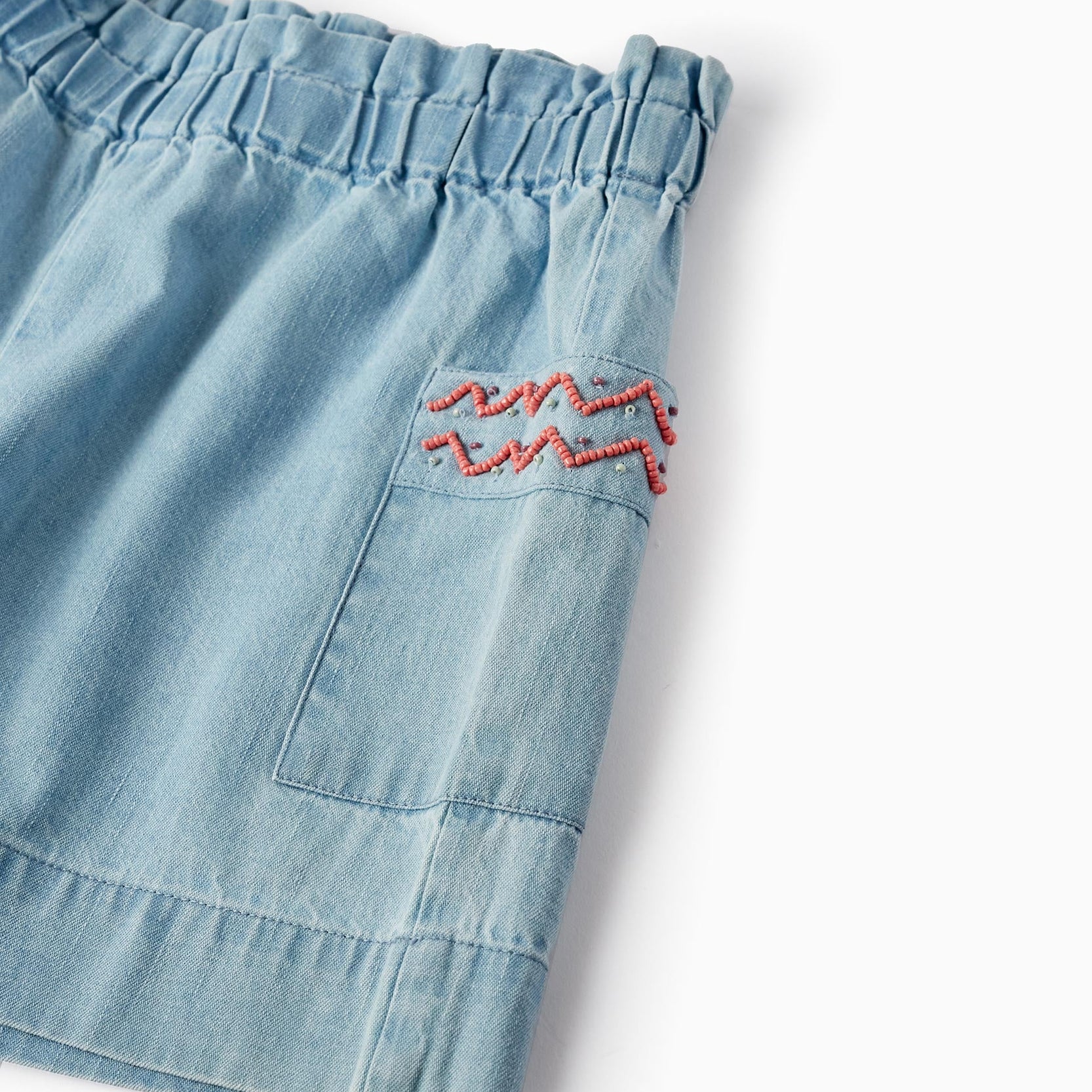 Paperbag Cotton Denim Shorts with Beads for Girls, Light Blue