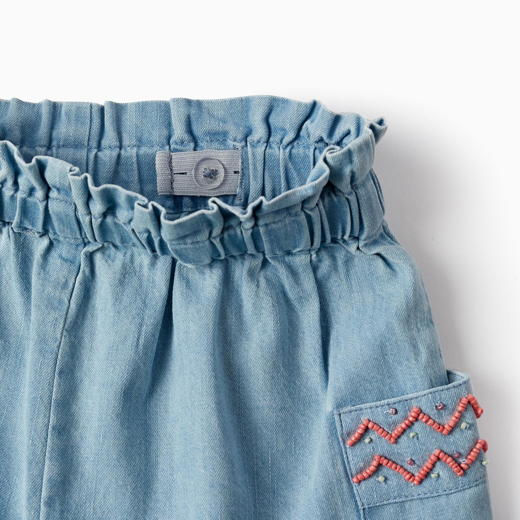 Paperbag Cotton Denim Shorts with Beads for Girls, Light Blue
