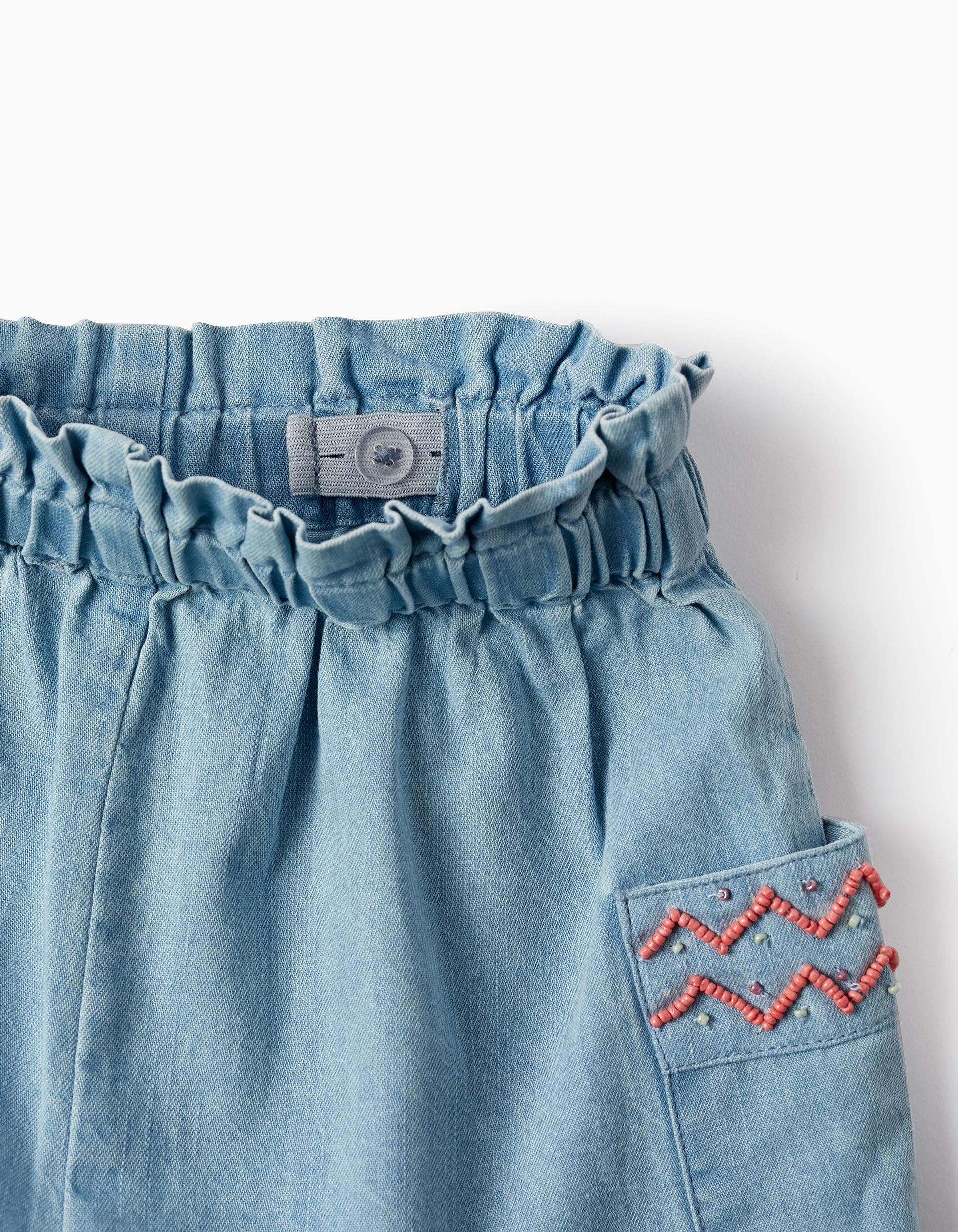 Paperbag Cotton Denim Shorts with Beads for Girls, Light Blue