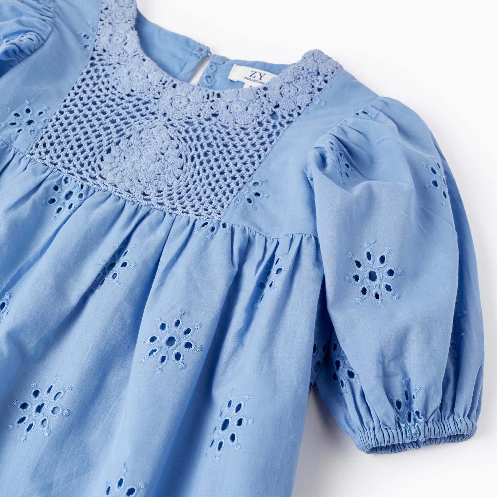 Cotton Dress with English Embroidery for Girls, Blue