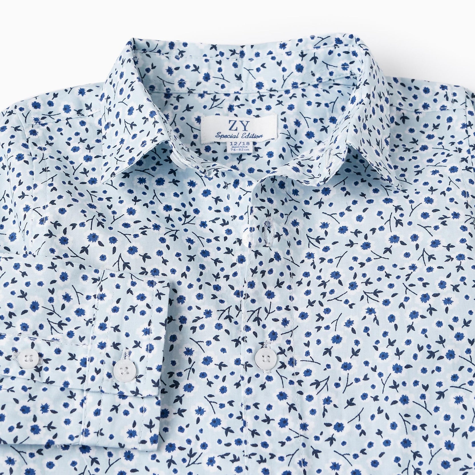 Shirt with Floral Pattern for Baby Boys, Blue/White/Dark Blue